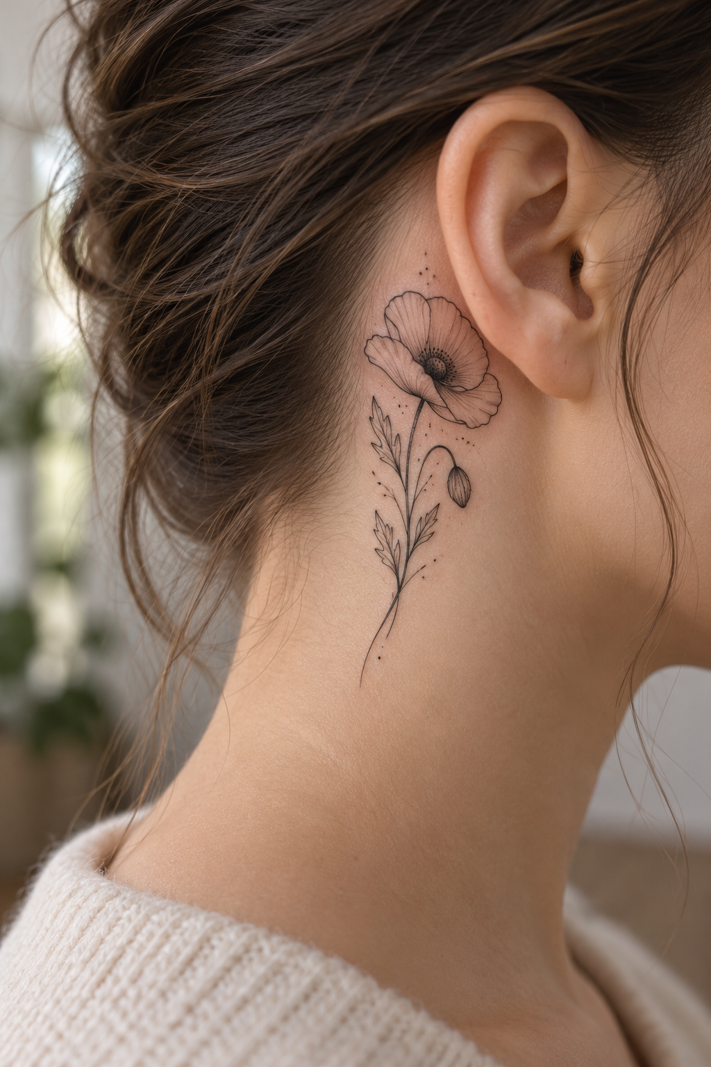 Poppy tattoo behind the ear minimalist flower tattoo idea