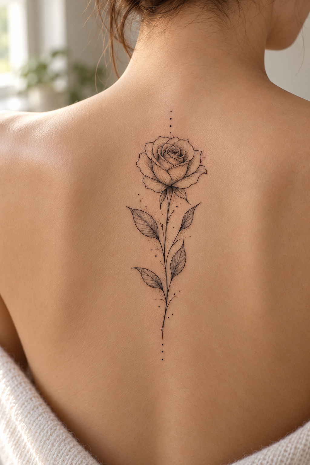 A rose on the upper back minimalist flower tattoo idea