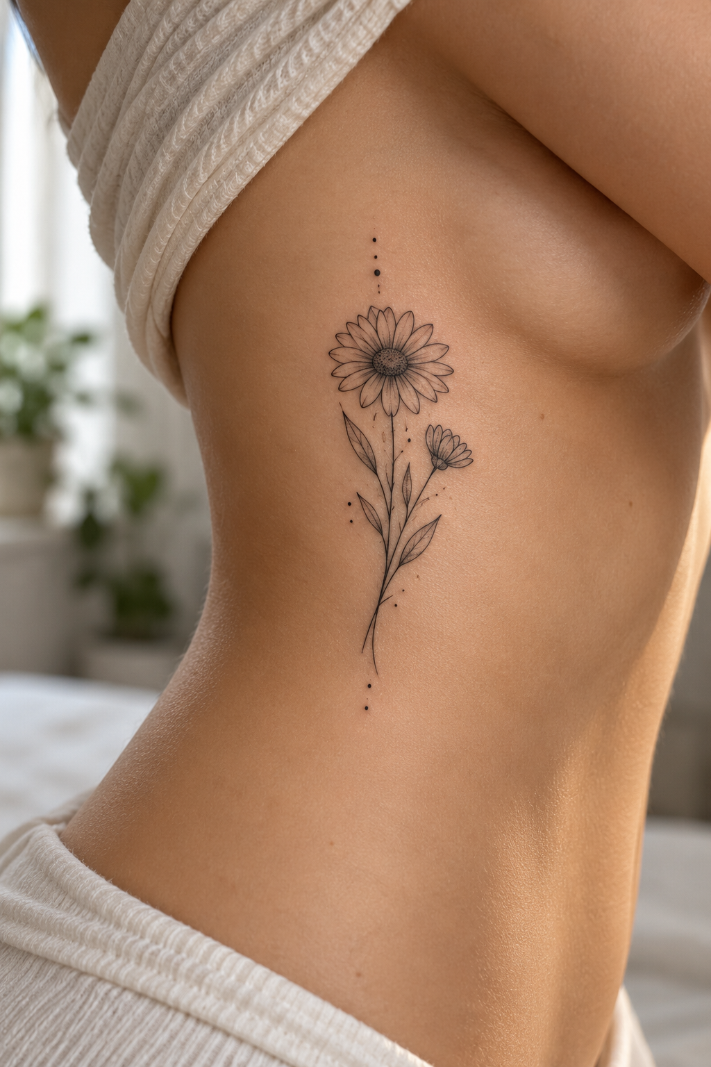 Sunflower on the ribcage minimalist flower tattoo idea
