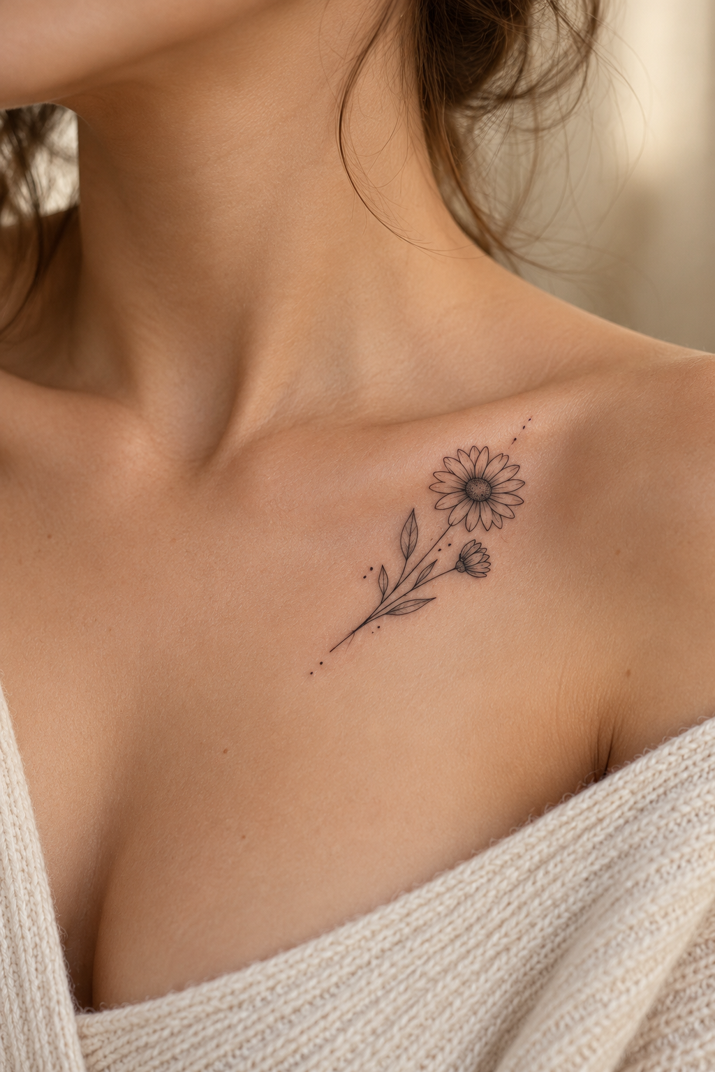 Small sunflower on the upper chest minimalist flower tattoo idea