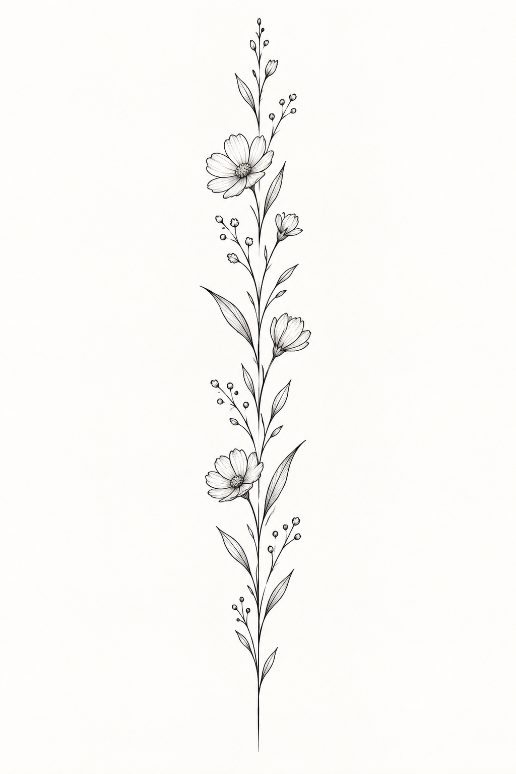 Tall stem along the spine minimalist flower tattoo idea