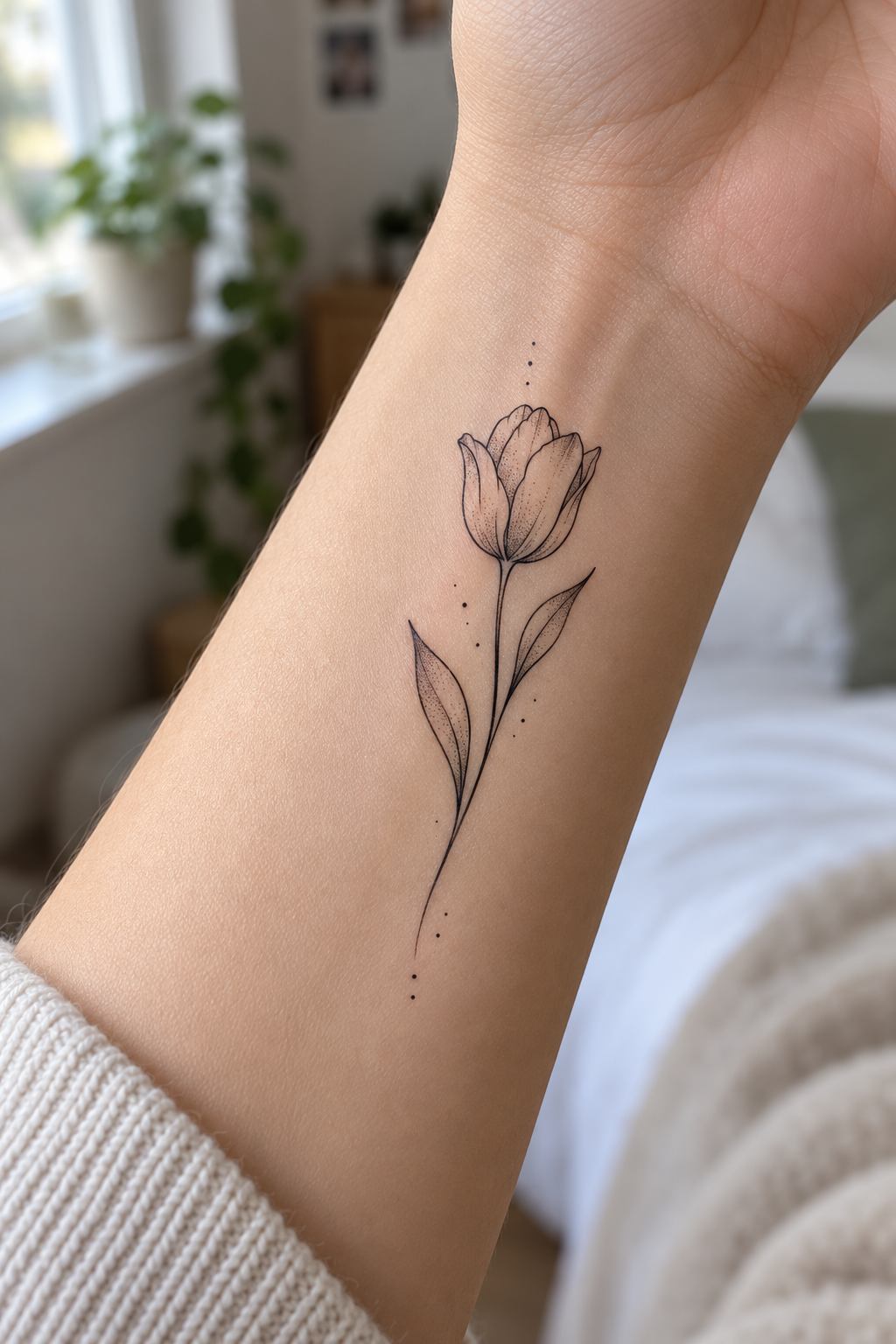 Tulip outline on the forearm minimalist flower tattoo idea