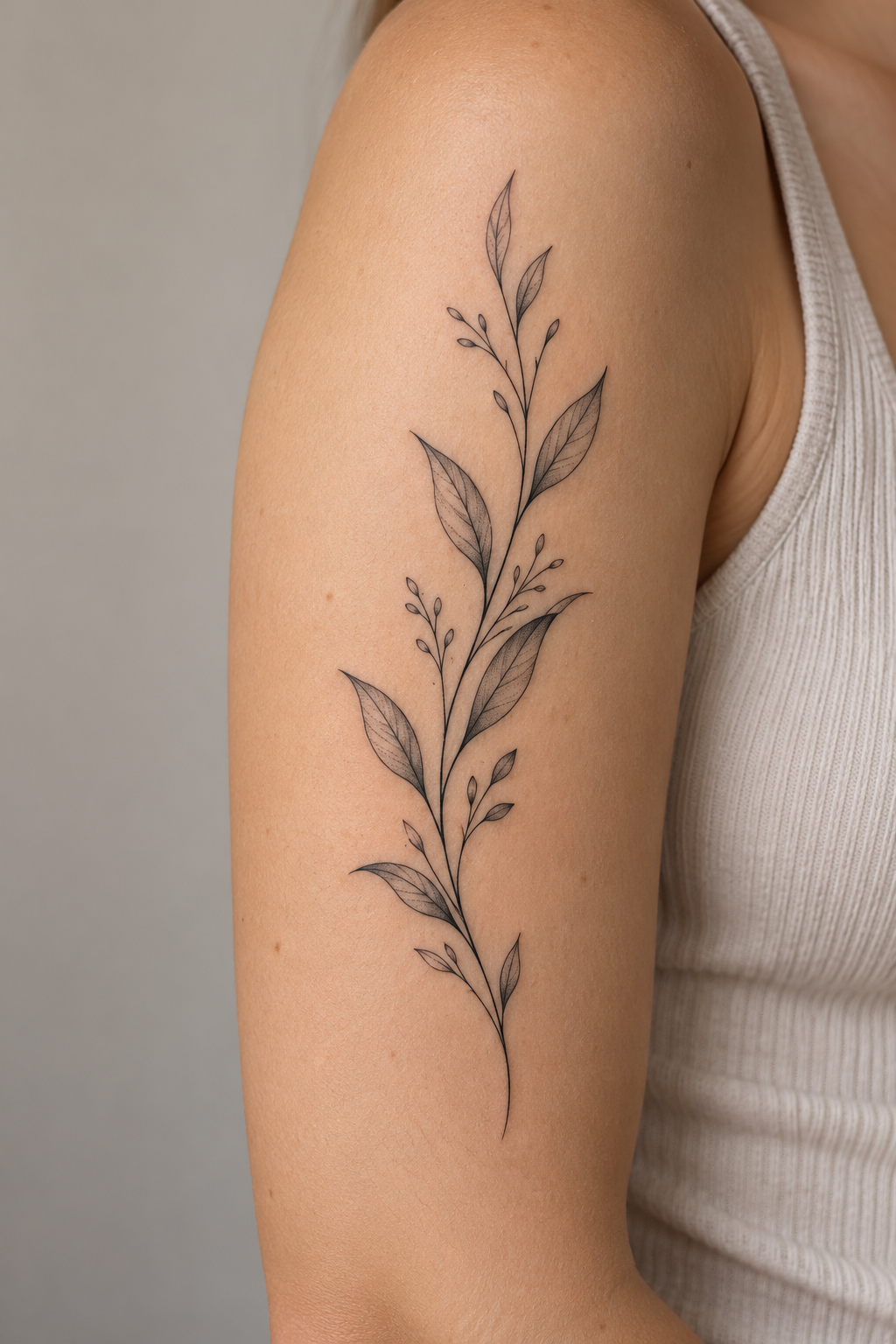 Leaf branch down the upper arm minimalist flower tattoo idea