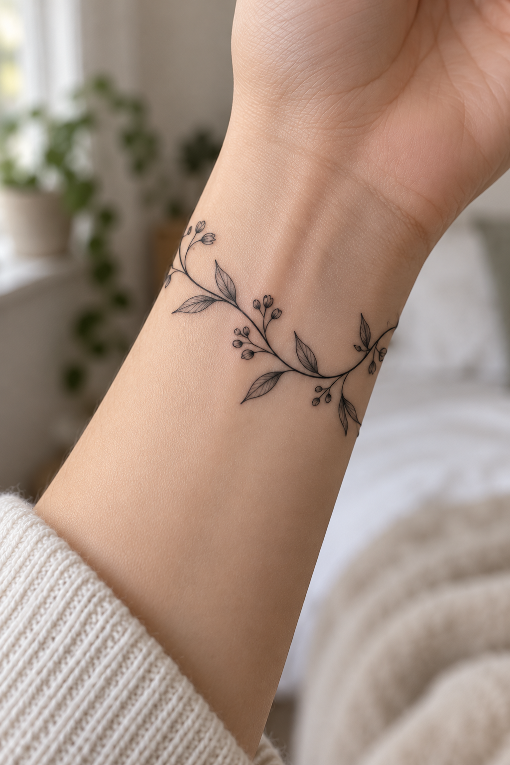 Vine around the wrist minimalist flower tattoo idea