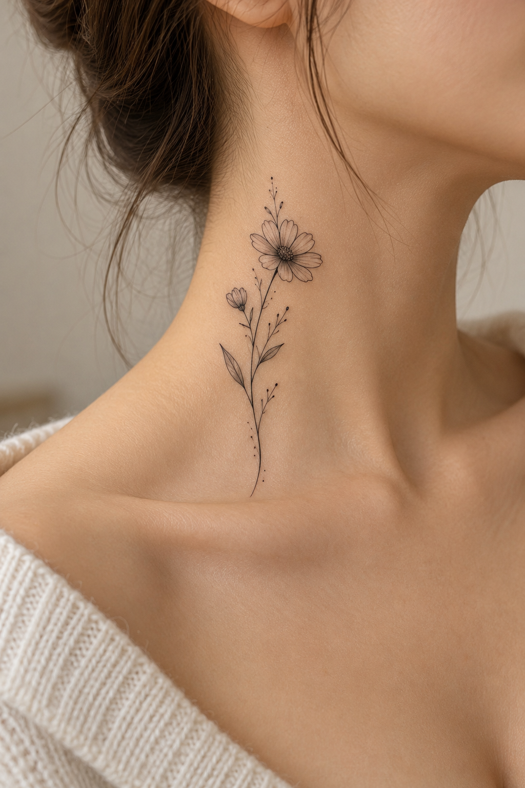 Flower stem on the neck minimalist flower tattoo idea