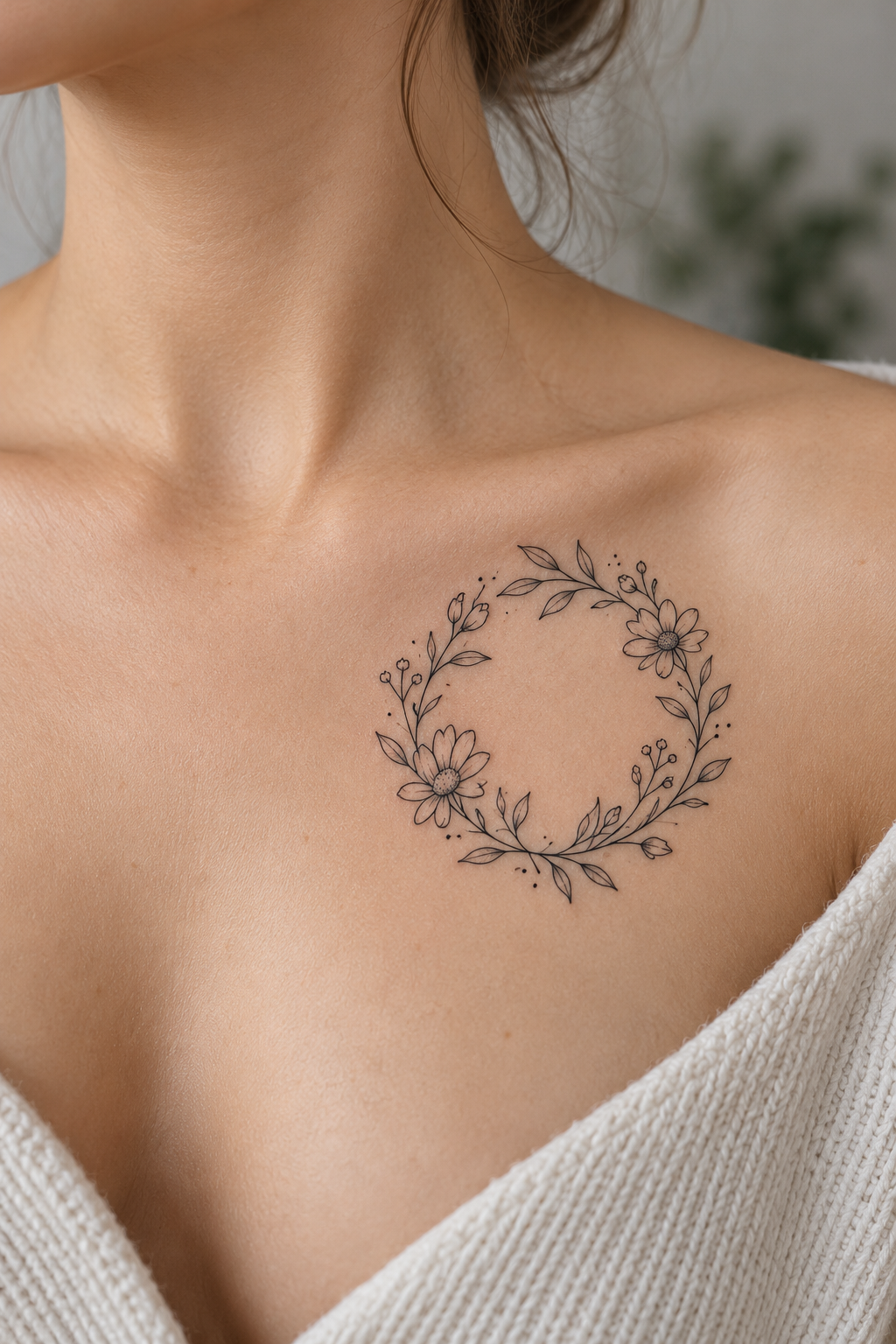 Circular wreath on the upper chest minimalist flower tattoo idea