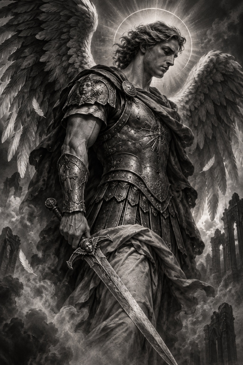 Archangel Michael tattoo in black-and-gray realism