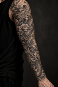 Original vertical editorial photograph for sleeve tattoo ideas, showing a richly composed full sleeve tattoo on an arm, studio lighting, no text, no logos, no identifiable face.