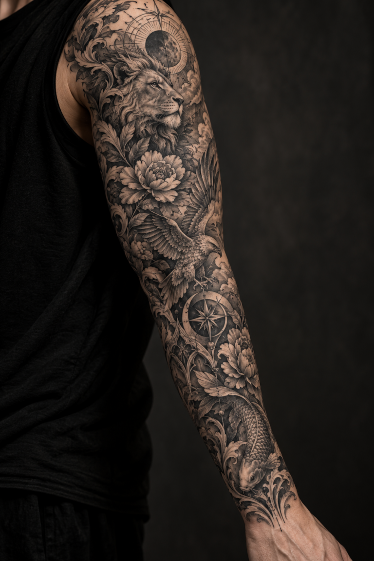 Original vertical editorial photograph for sleeve tattoo ideas, showing a richly composed full sleeve tattoo on an arm, studio lighting, no text, no logos, no identifiable face.