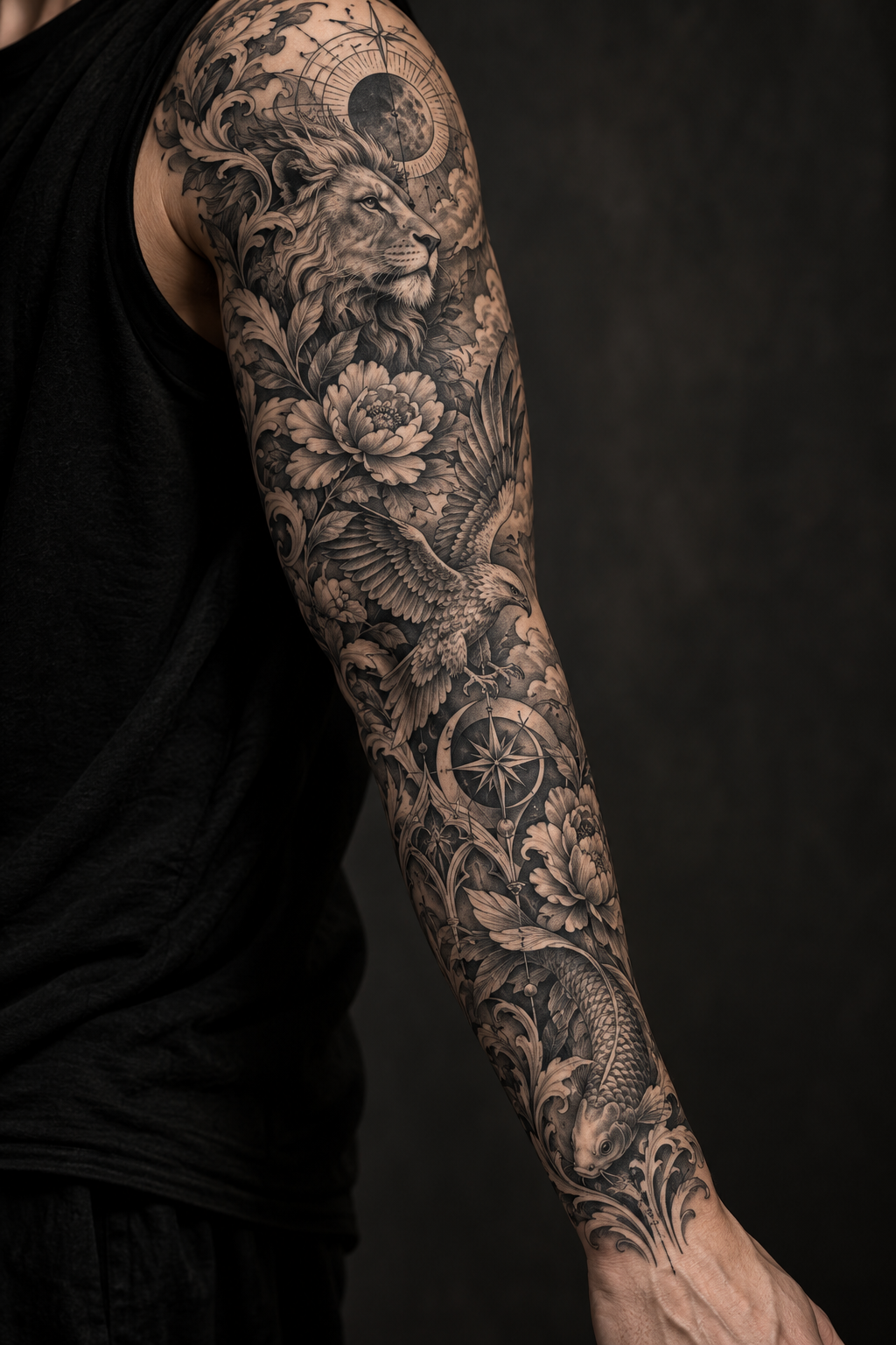 Original vertical editorial photograph for sleeve tattoo ideas, showing a richly composed full sleeve tattoo on an arm, studio lighting, no text, no logos, no identifiable face.