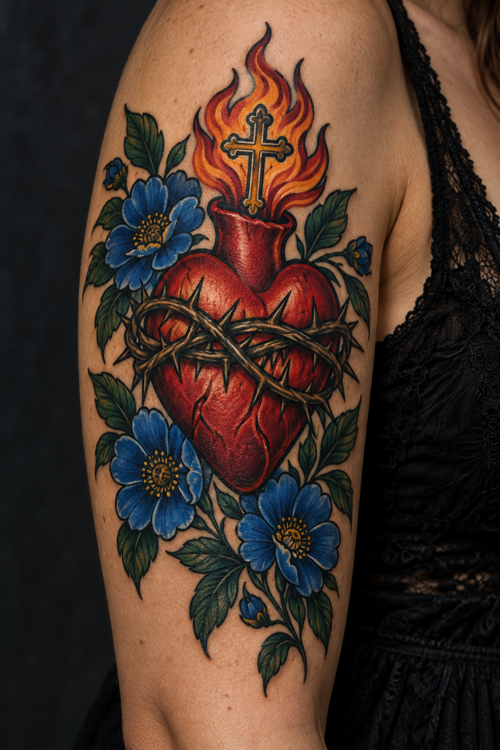 Sacred heart tattoos for men, Vertical 2:3 editorial tattoo photograph, neo-traditional sacred heart concept inspired by: Red sacred heart tattoo with thorns, flaming cross, and blue flowers on arm.