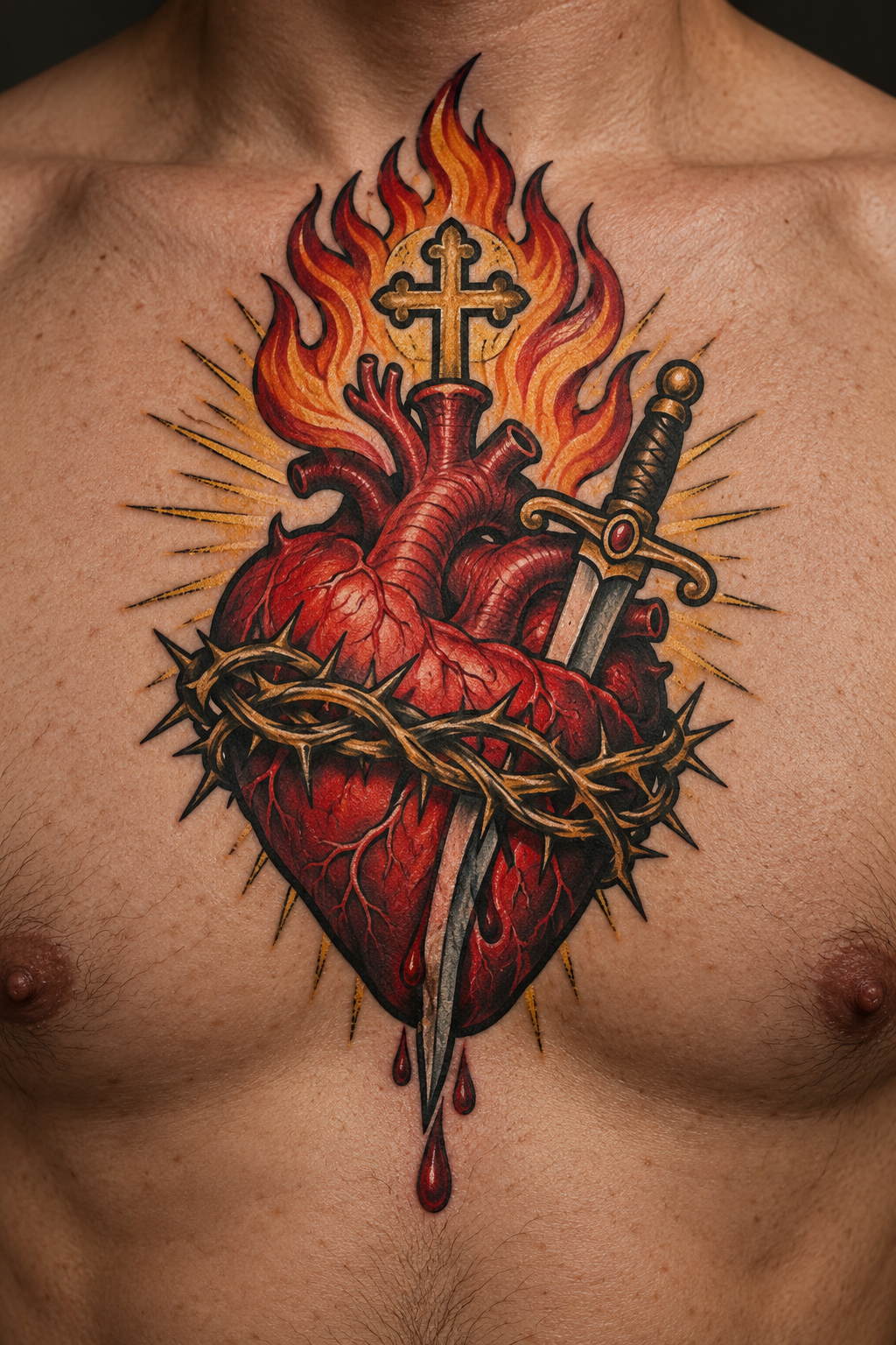 Vertical 2:3 editorial tattoo photograph, neo-traditional sacred heart concept inspired by: Realistic tattoo of red sacred heart with dagger, thorns, flames and cross on chest