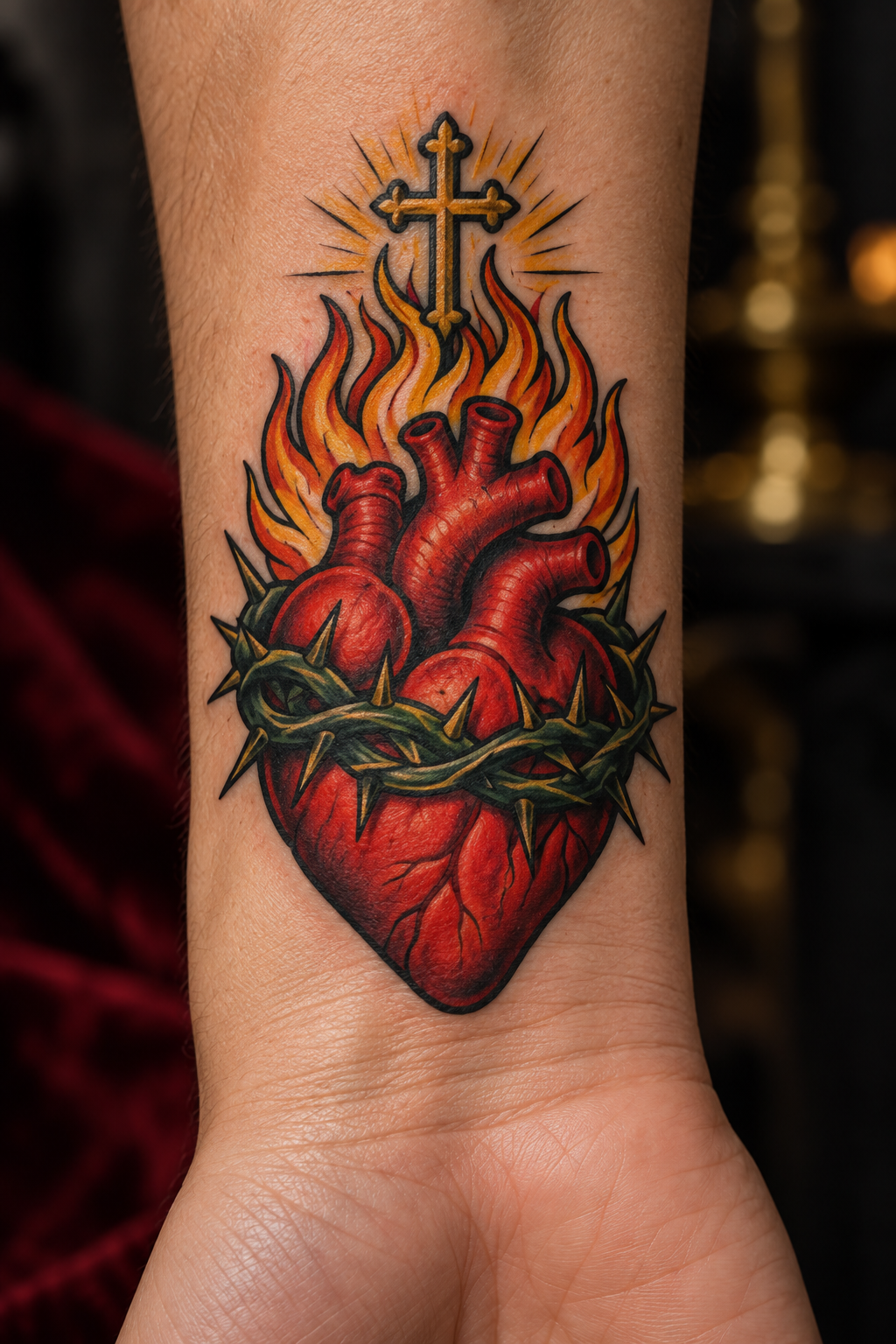 Vertical 2:3 editorial tattoo photograph, neo-traditional sacred heart concept inspired by: Neo-traditional sacred heart tattoo on inner wrist with red heart, thorns, flames, and cross