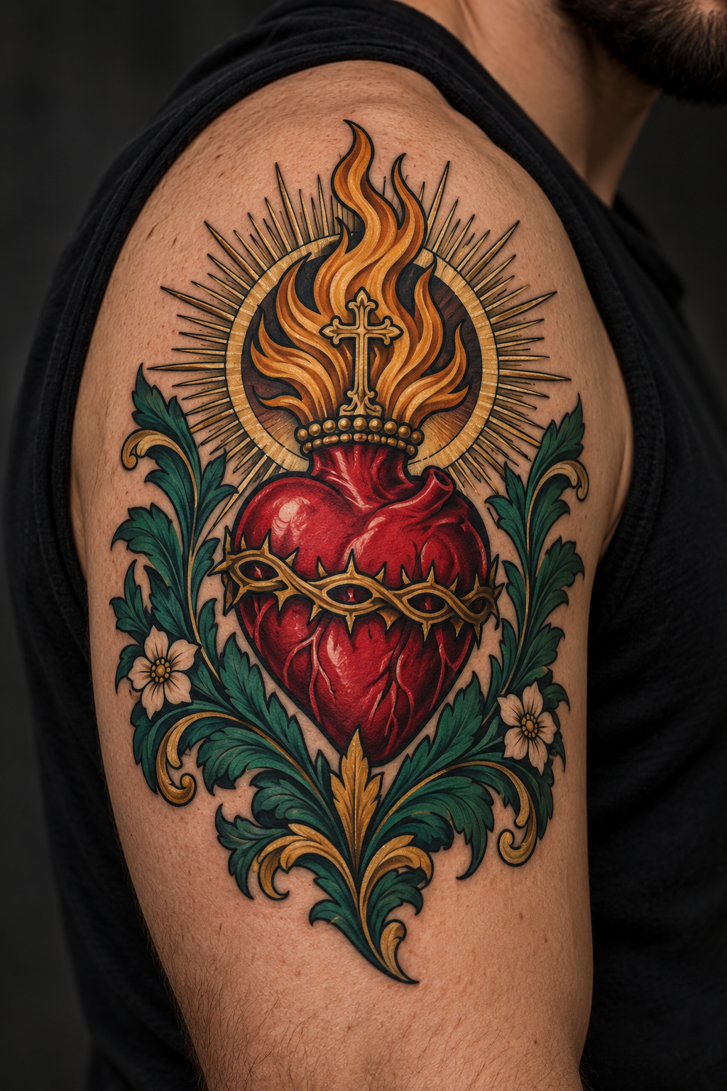Vertical 2:3 editorial tattoo photograph, neo-traditional sacred heart concept inspired by: Neo-traditional sacred heart tattoo on a man's upper arm with flames, thorns, nails, and ornate green flourishes