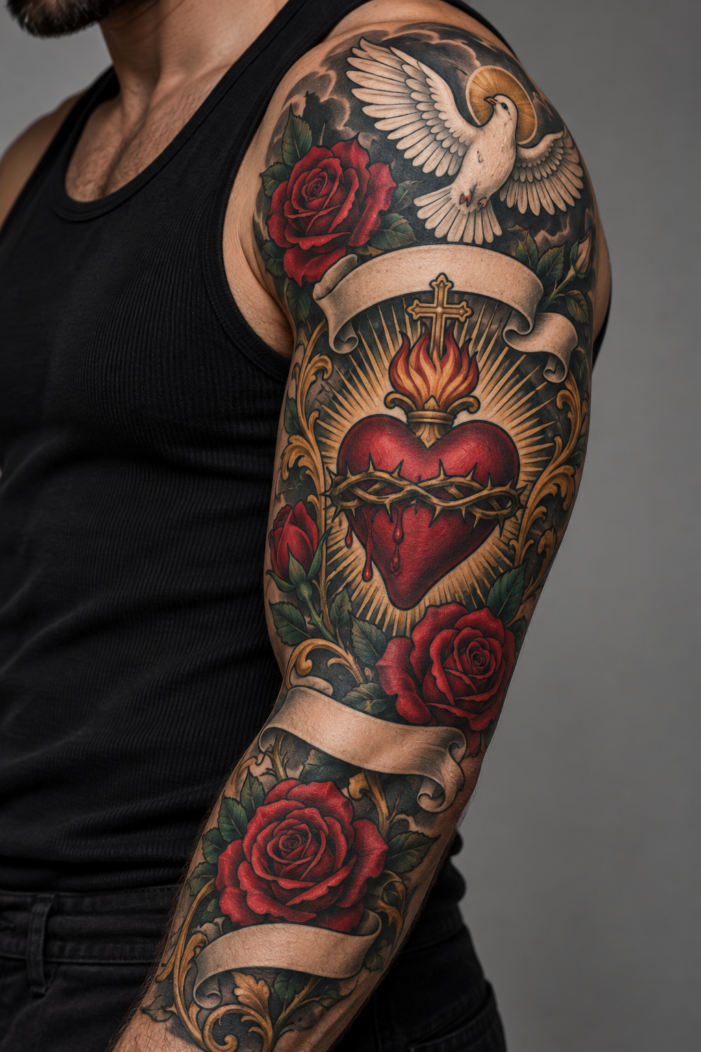 Vertical 2:3 editorial tattoo photograph, neo-traditional sacred heart concept inspired by: Man's black tank top arm shows red roses, sacred heart, dove, and banners.