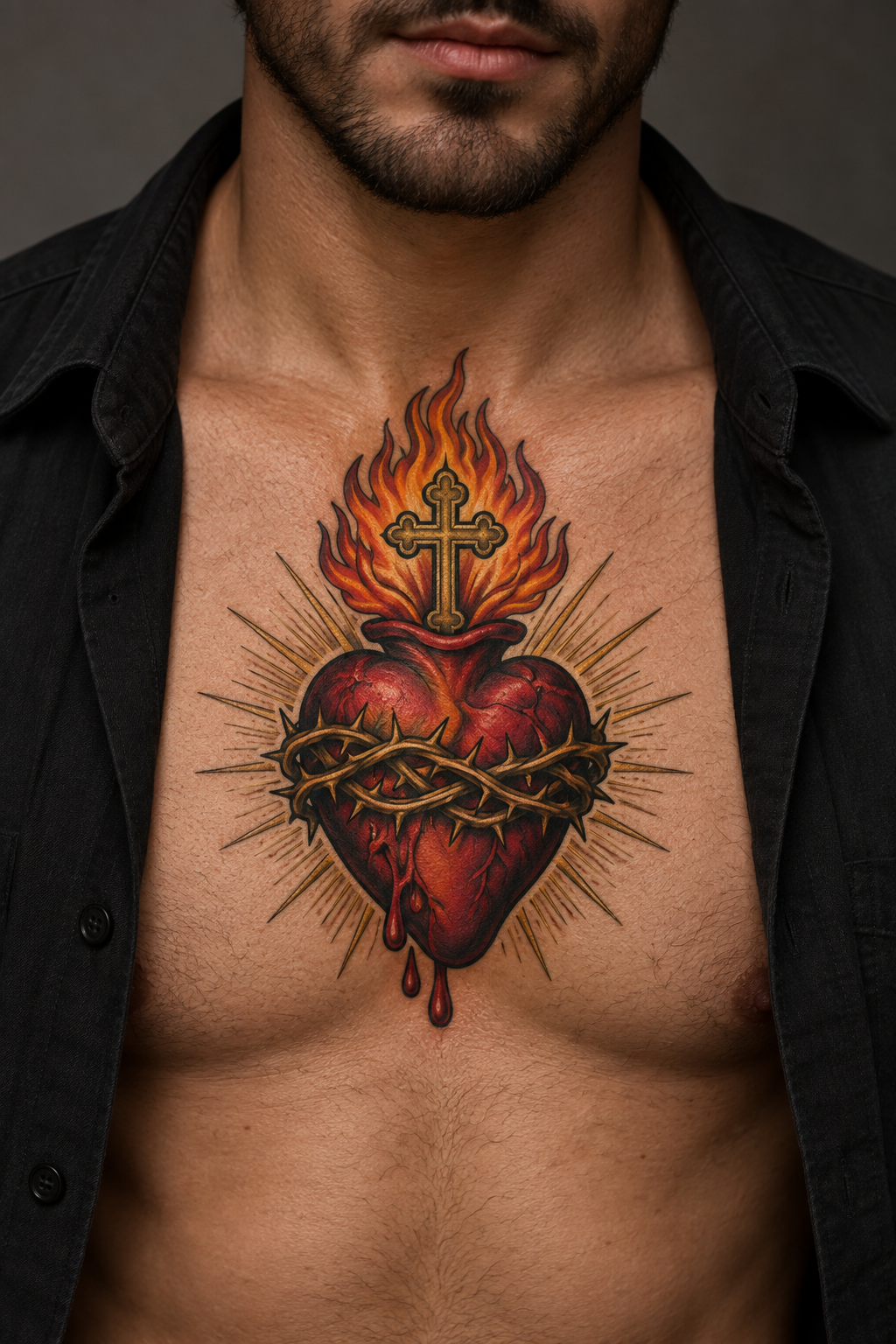 Vertical 2:3 editorial tattoo photograph, neo-traditional sacred heart concept inspired by: Realistic flaming Sacred Heart tattoo with cross on chest under open dark shirt