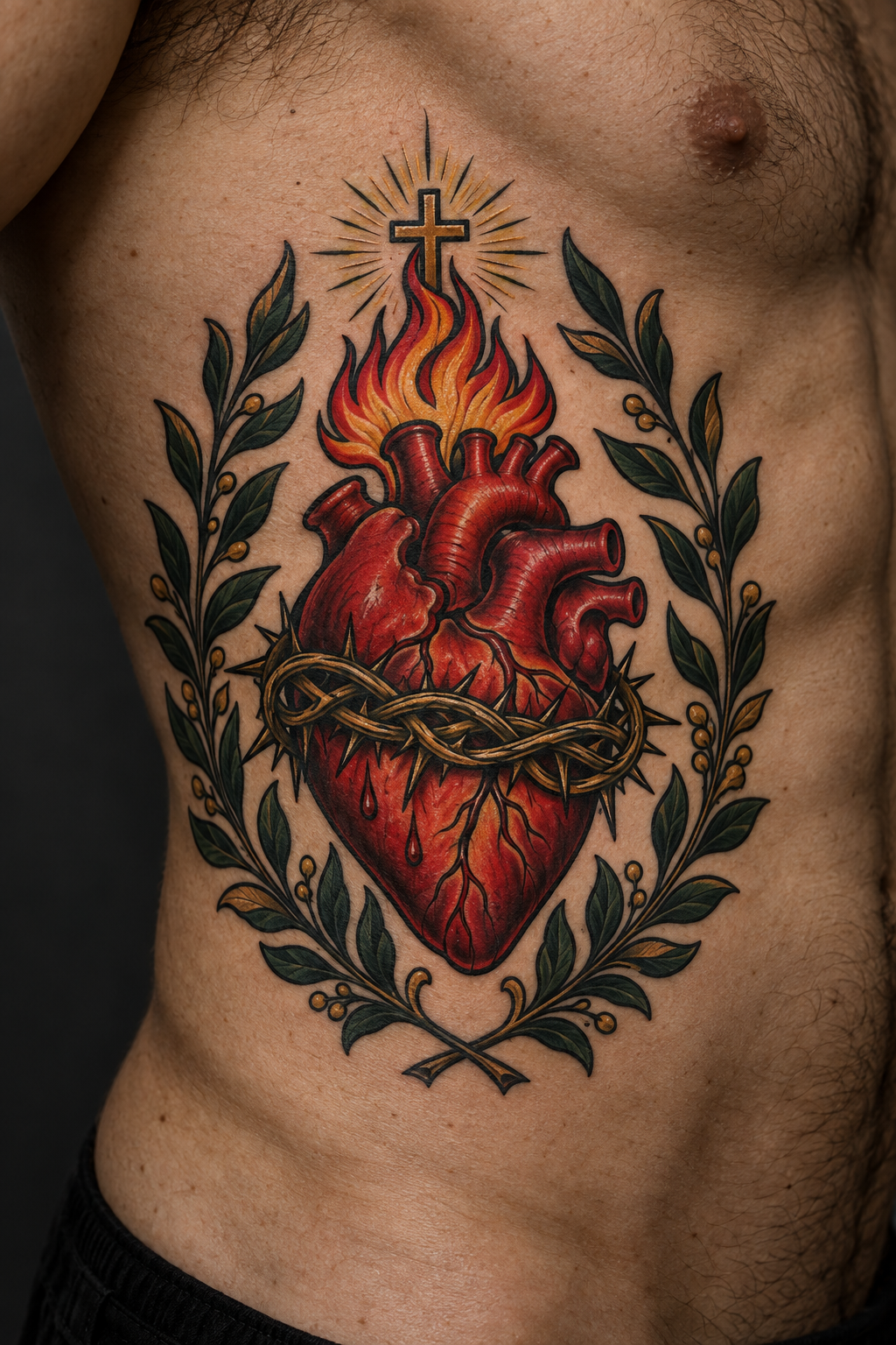 Vertical 2:3 editorial tattoo photograph, neo-traditional sacred heart concept inspired by: Neo-traditional sacred heart tattoo on a man's ribcage area showing a flaming heart with cross, crown of thorns, and leafy branches.