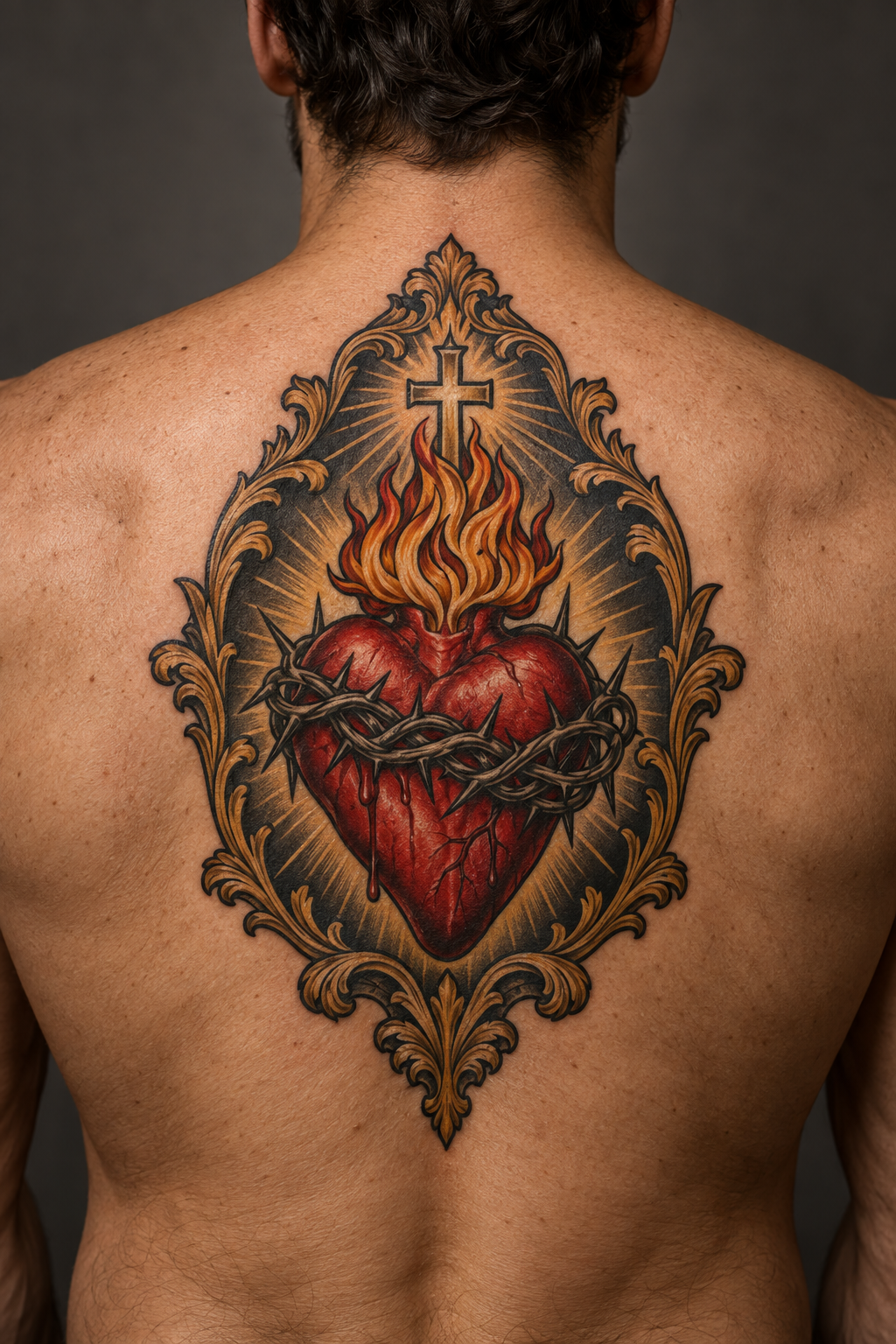 Vertical 2:3 editorial tattoo photograph, neo-traditional sacred heart concept inspired by: Large neo-traditional sacred heart tattoo on a man's upper back with a red heart wrapped in thorns, flames rising to a cross, and an ornate gold frame.