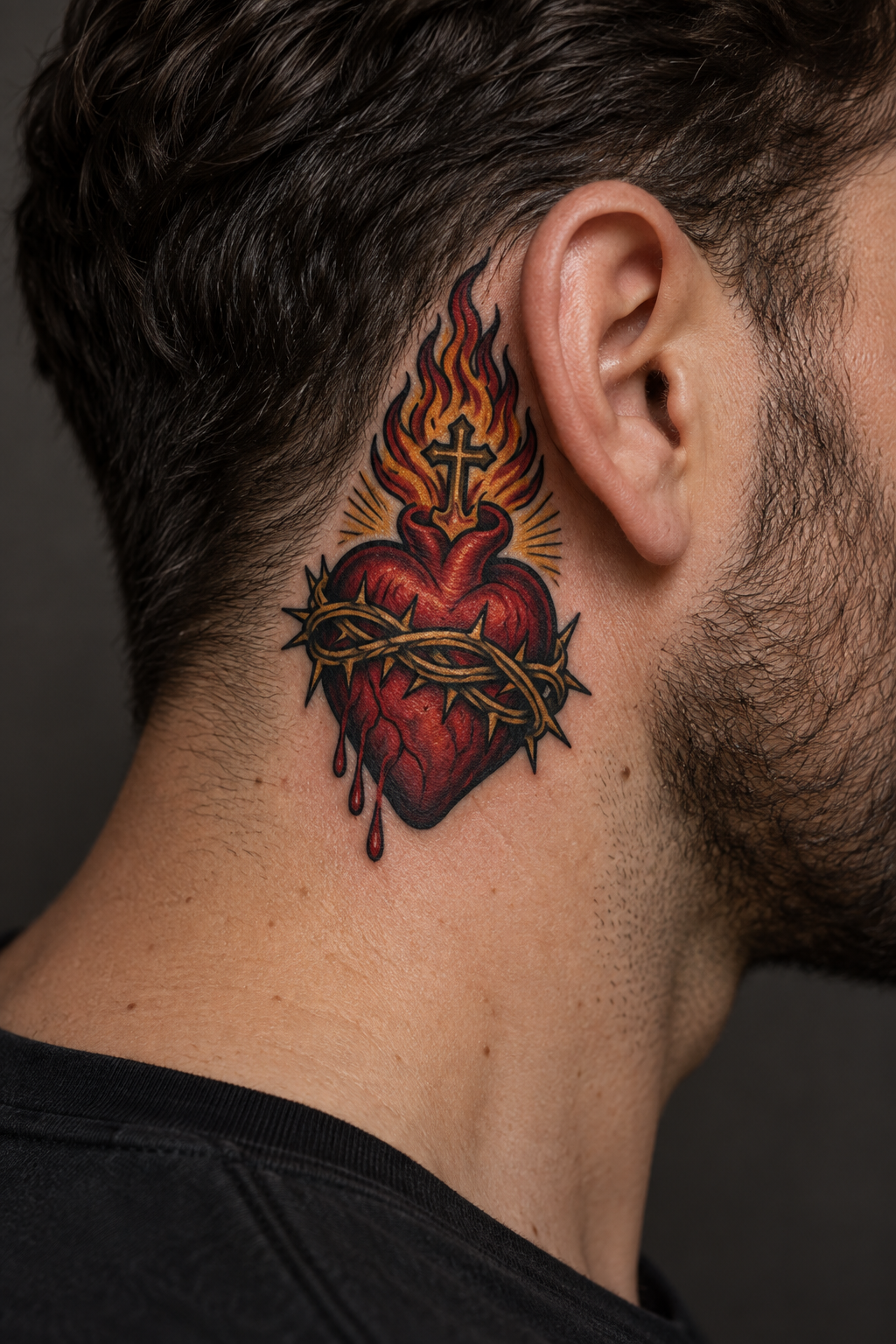 Vertical 2:3 editorial tattoo photograph, neo-traditional sacred heart concept inspired by: Red sacred heart tattoo with flames, cross, and thorns behind man's ear