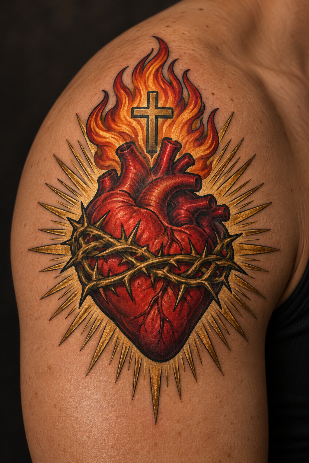 Vertical 2:3 editorial tattoo photograph, neo-traditional sacred heart concept inspired by: Red sacred heart tattoo with thorns, flames, cross, and rays on shoulder