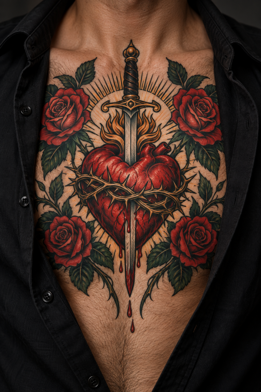 Vertical 2:3 editorial tattoo photograph, neo-traditional sacred heart concept inspired by: Open dark shirt reveals vibrant chest tattoo of sword piercing thorny heart amid red roses.