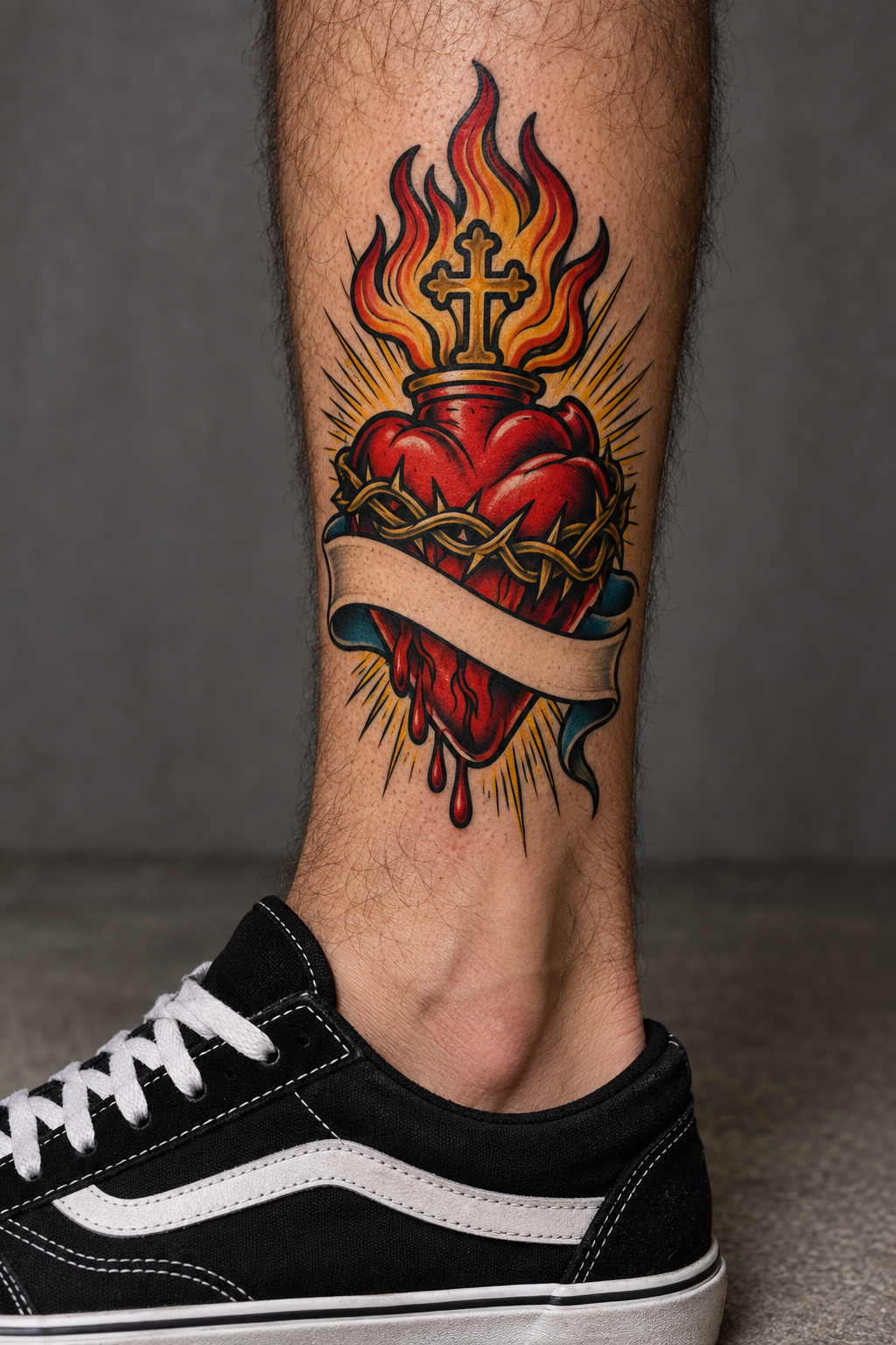 Vertical 2:3 editorial tattoo photograph, neo-traditional sacred heart concept inspired by: Neo-traditional sacred heart tattoo with flames and banner placed on a man's ankle above a black sneaker