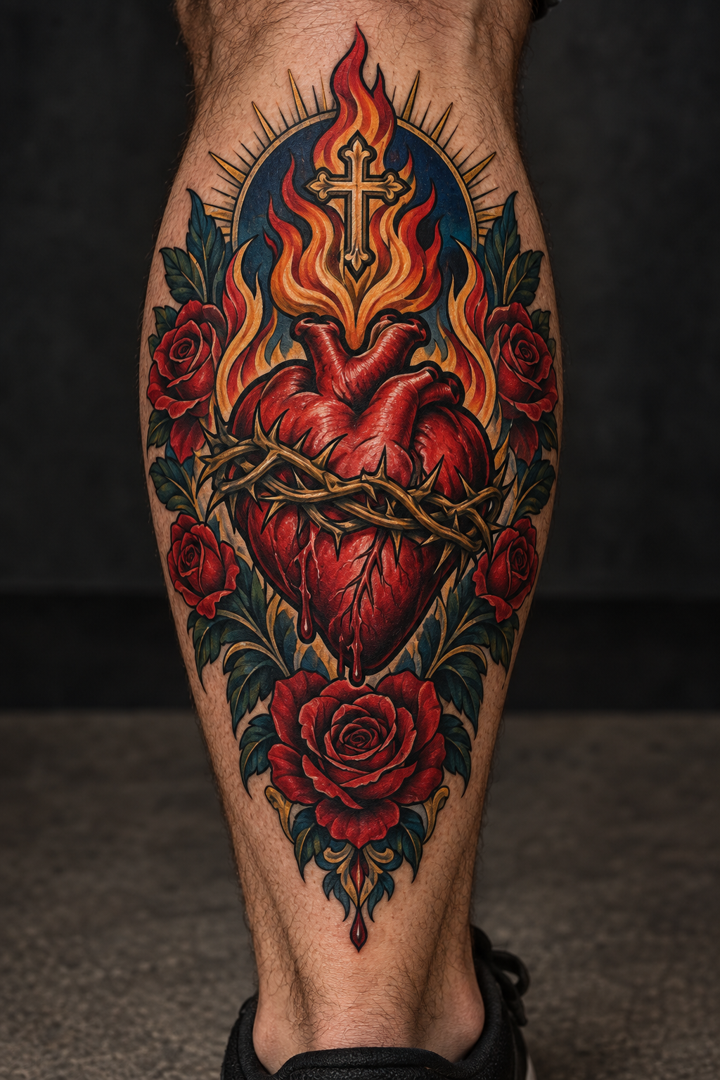 Vertical 2:3 editorial tattoo photograph, neo-traditional sacred heart concept inspired by: Neo-traditional sacred heart tattoo on a man's calf with flames, crown of thorns, cross, and red roses in bold colors