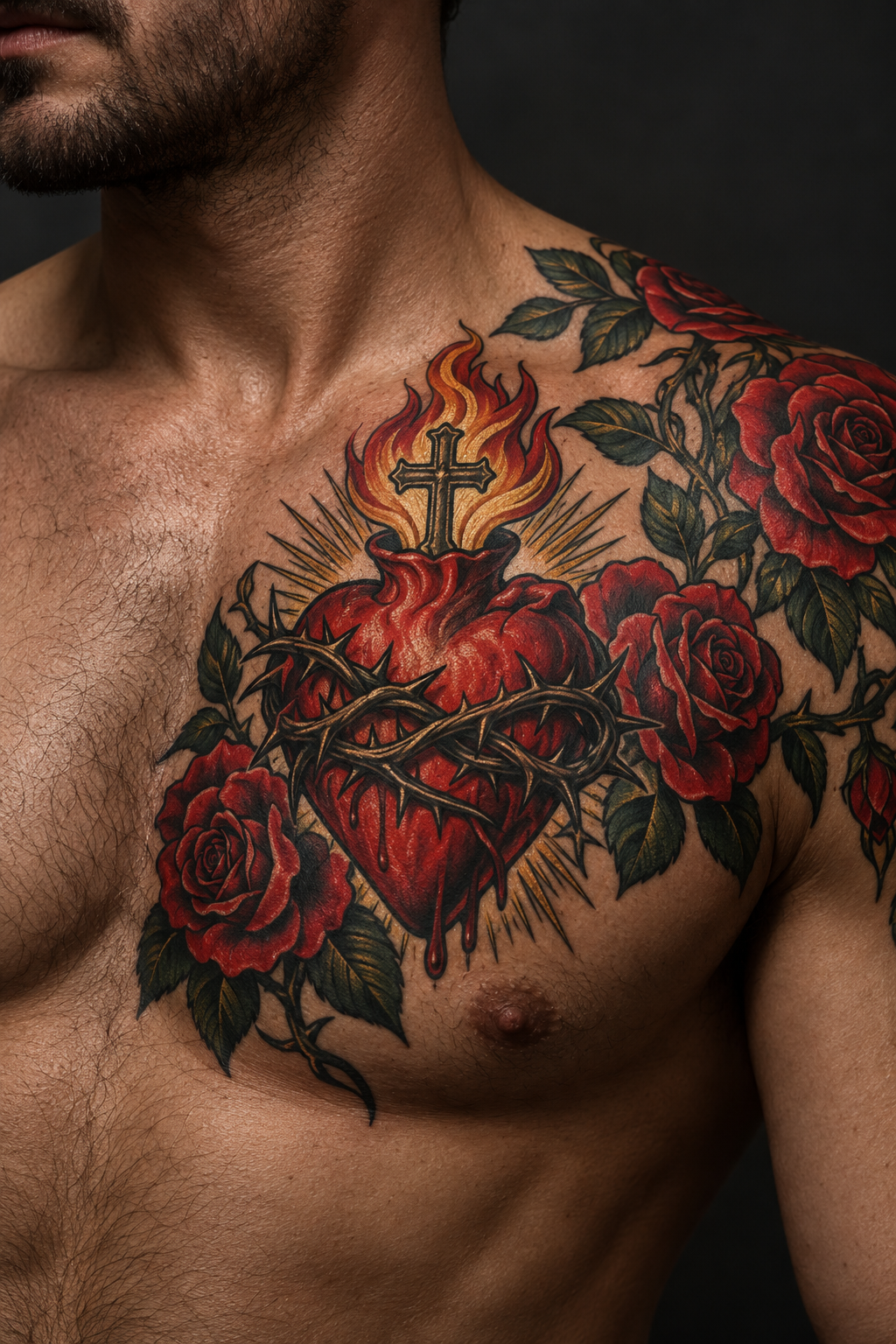 Vertical 2:3 editorial tattoo photograph, neo-traditional sacred heart concept inspired by: Man's chest with flaming sacred heart tattoo, thorns, cross, and red roses on shoulder