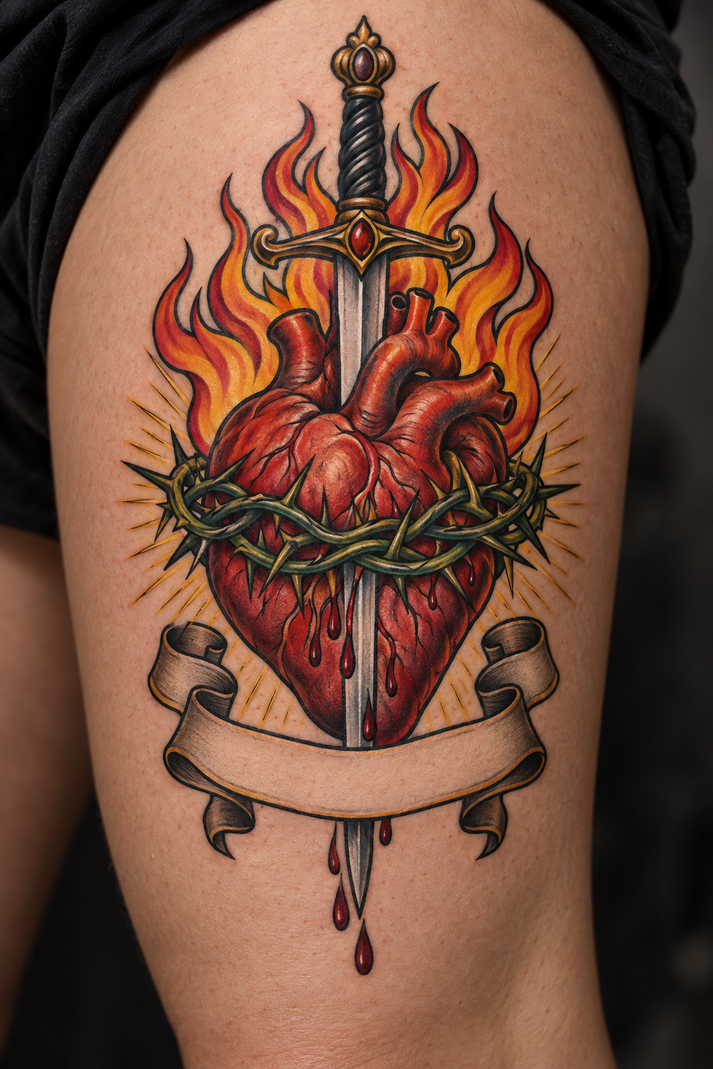 Vertical 2:3 editorial tattoo photograph, neo-traditional sacred heart concept inspired by: Traditional sacred heart tattoo with sword, flames, thorns and banner on thigh