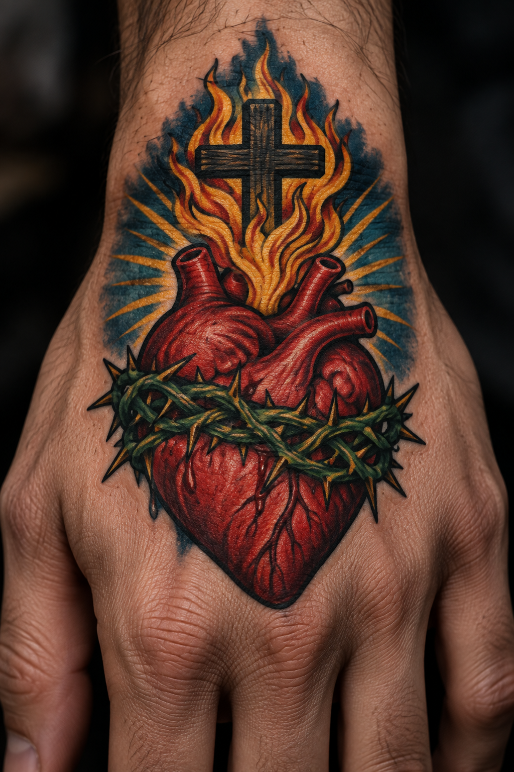 Vertical 2:3 editorial tattoo photograph, neo-traditional sacred heart concept inspired by: Sacred heart tattoo with flames, cross, and thorns on back of hand