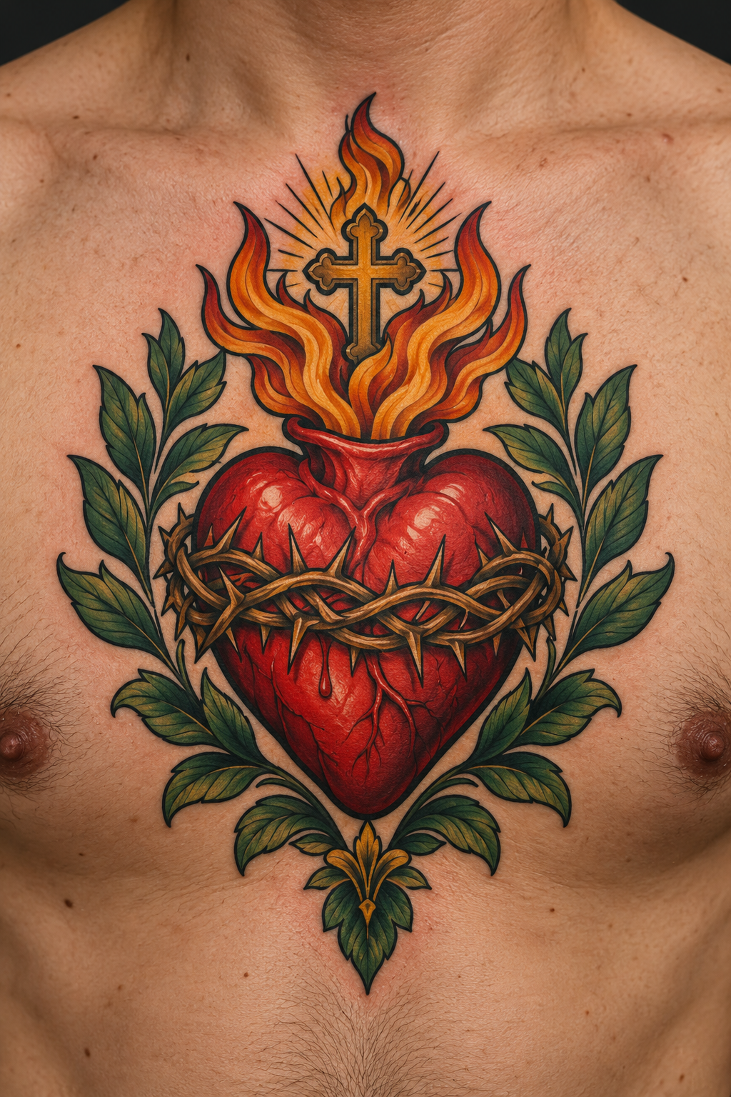 Vertical 2:3 editorial tattoo photograph, neo-traditional sacred heart concept inspired by: Colorful sacred heart tattoo with flames, cross, thorns and leaves on torso