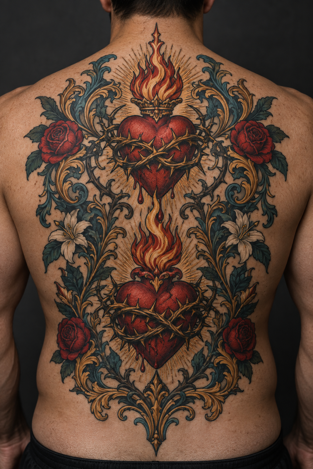 Vertical 2:3 editorial tattoo photograph, neo-traditional sacred heart concept inspired by: Elaborate vertical tattoo of two flaming hearts with thorns and floral scrolls on man's back