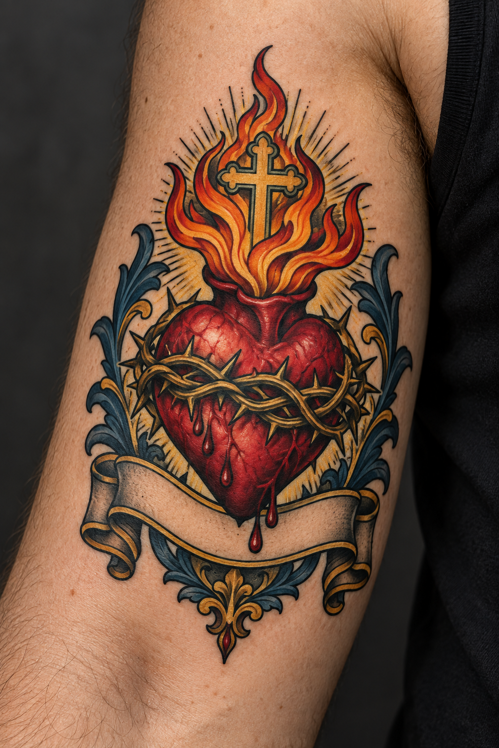 Vertical 2:3 editorial tattoo photograph, neo-traditional sacred heart concept inspired by: Neo traditional sacred heart tattoo on a man's inner upper arm showing a red heart with thorns, flames, a cross, and a banner that reads sacred heart.