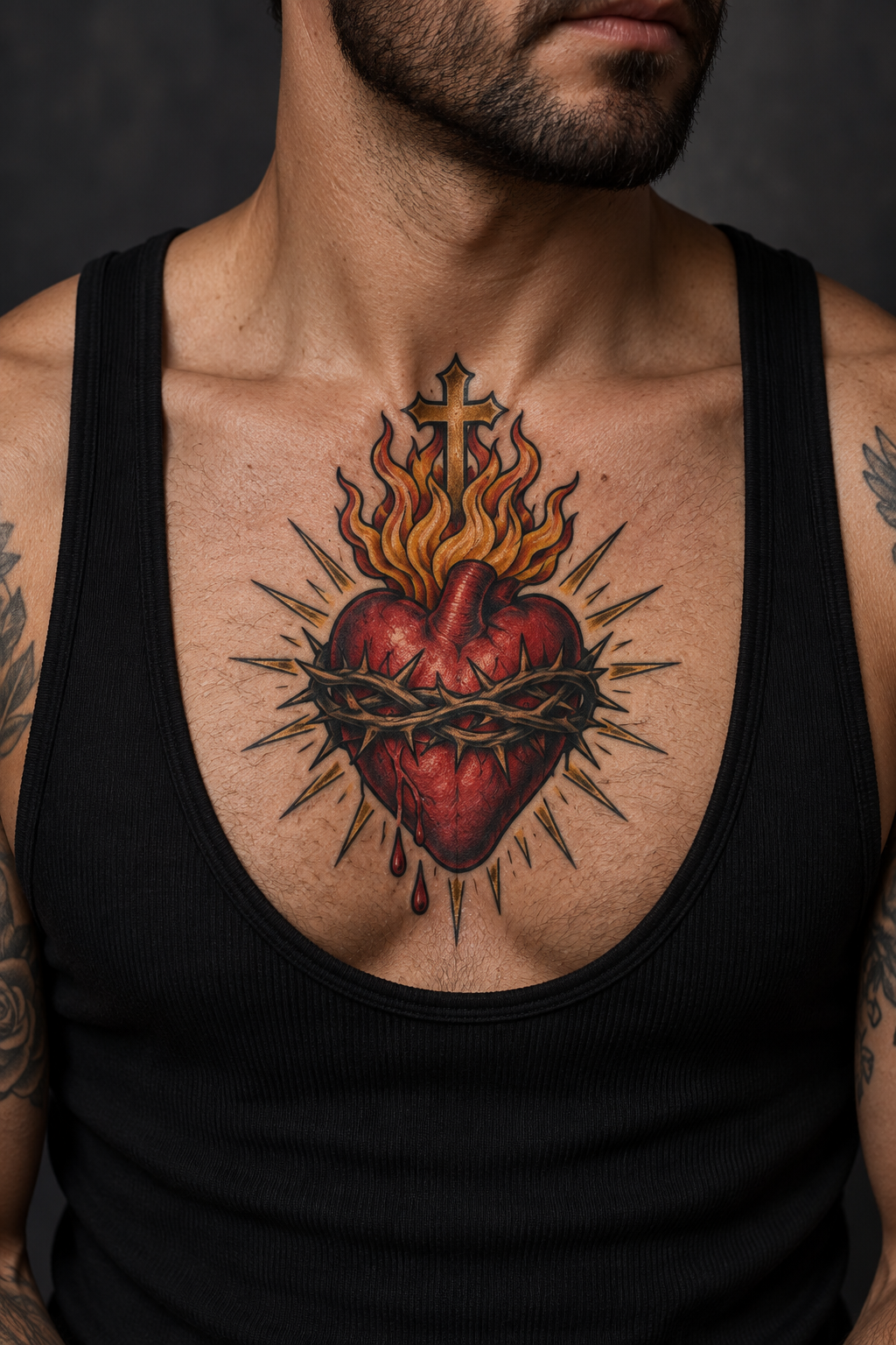 Vertical 2:3 editorial tattoo photograph, neo-traditional sacred heart concept inspired by: Sacred heart tattoo with cross, flames, and thorns on man's chest under black tank.