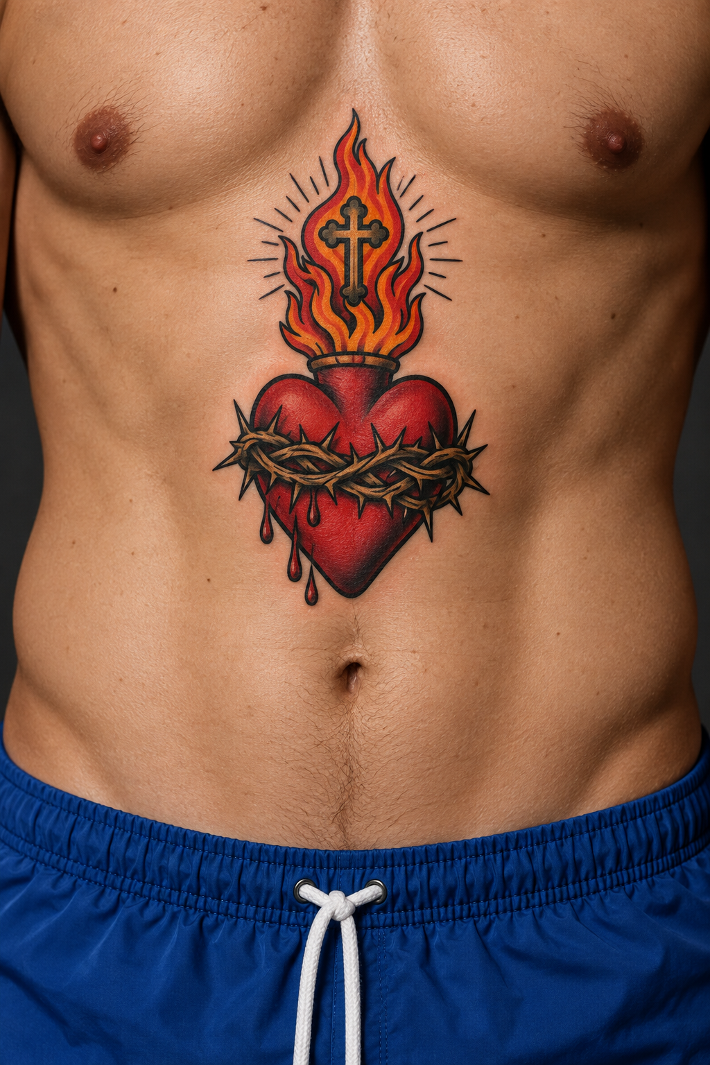Vertical 2:3 editorial tattoo photograph, neo-traditional sacred heart concept inspired by: Red sacred heart tattoo with cross, flames, and thorns on torso above blue shorts