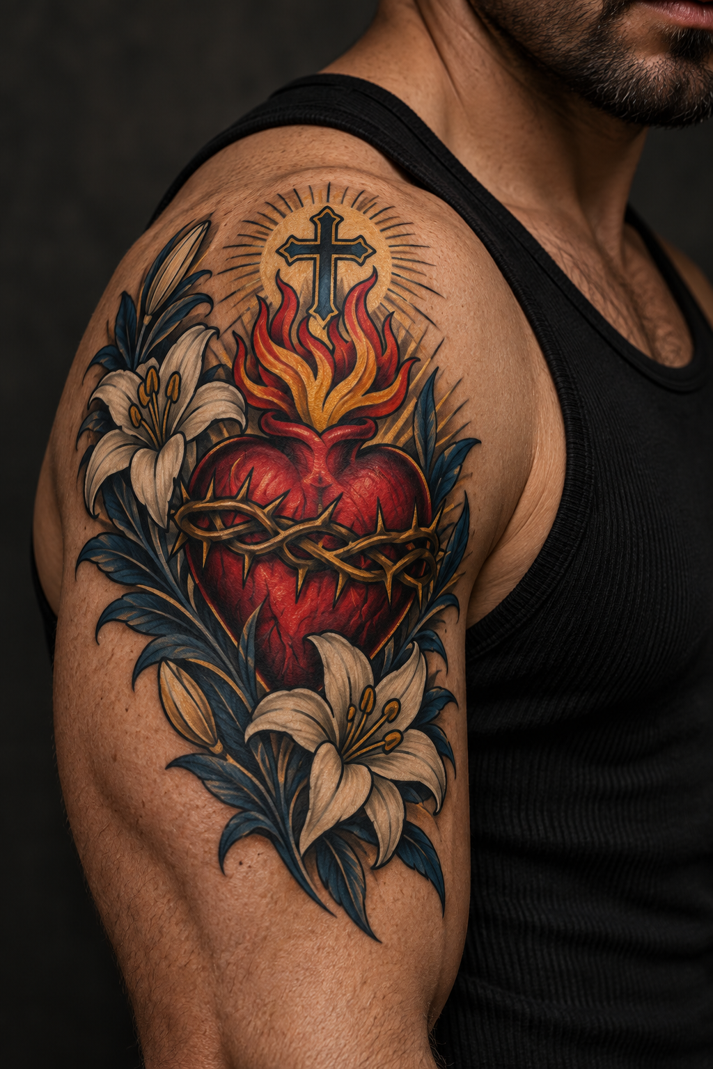Vertical 2:3 editorial tattoo photograph, neo-traditional sacred heart concept inspired by: Vibrant sacred heart tattoo with flames, cross, and lilies on man's shoulder in black tank top