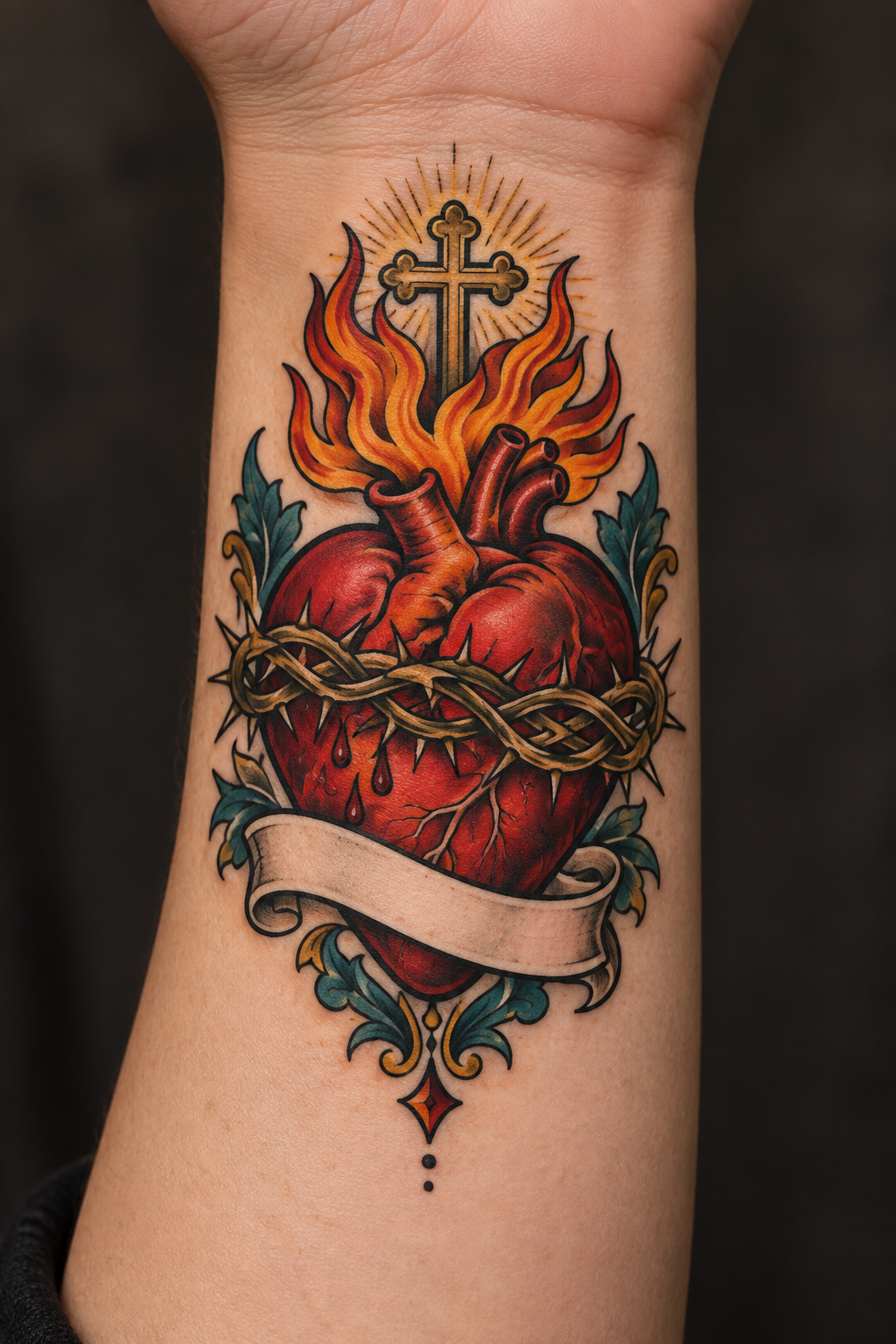 Vertical 2:3 editorial tattoo photograph, neo-traditional sacred heart concept inspired by: Neo-traditional sacred heart tattoo on the inner wrist showing flames, a cross, crown of thorns, and a banner with the text IN CORDE MEO