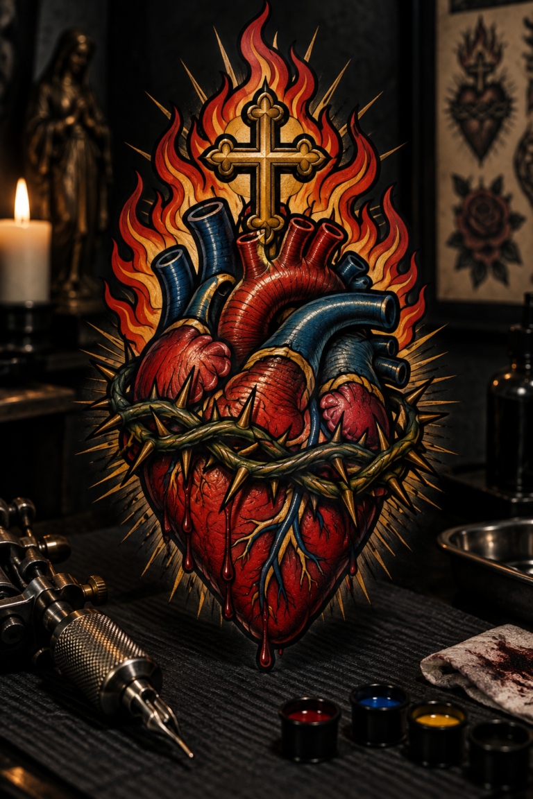 bold neo-traditional sacred heart tattoo for men