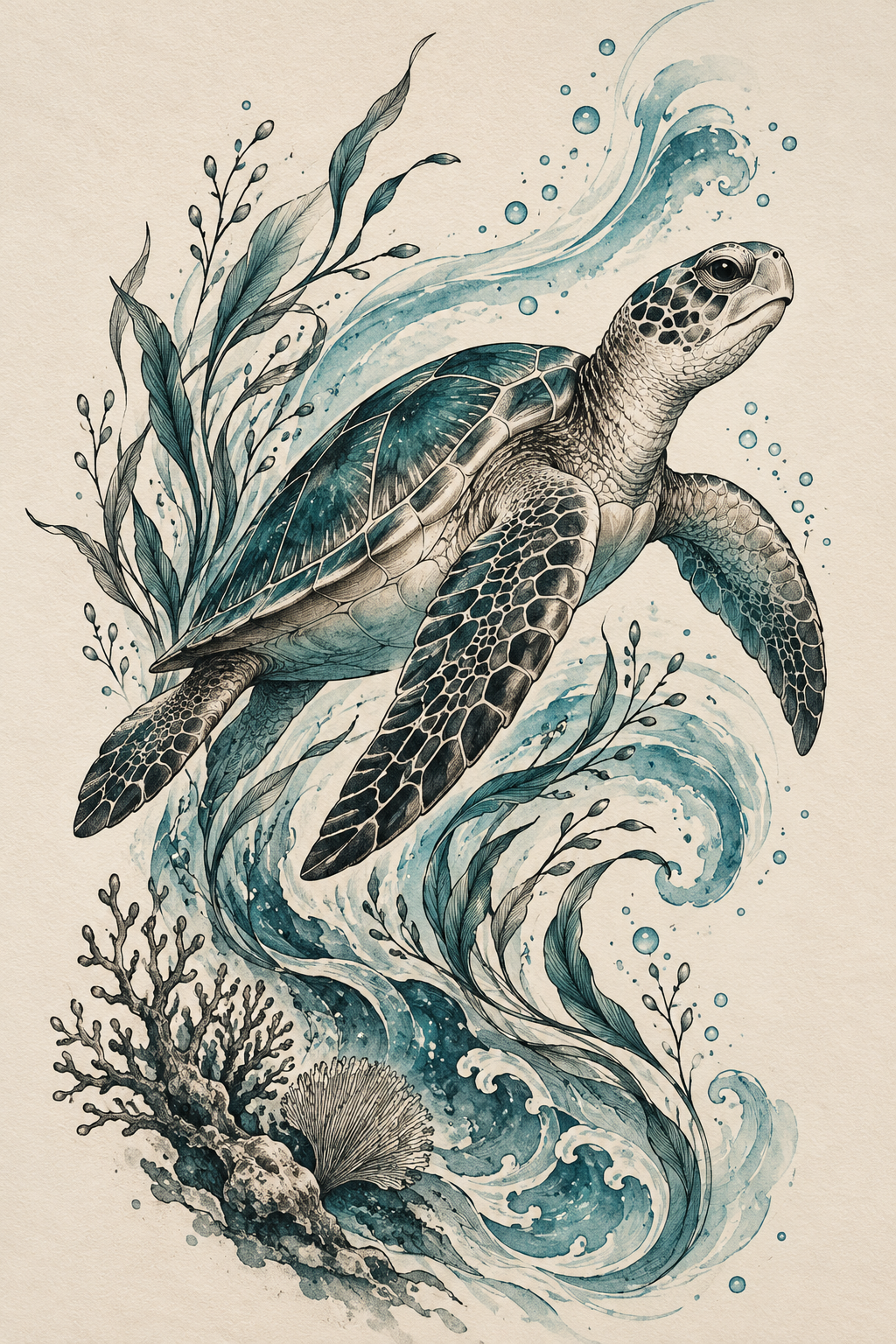 Sea turtle tattoo ideas: mosaic thigh sea turtle design