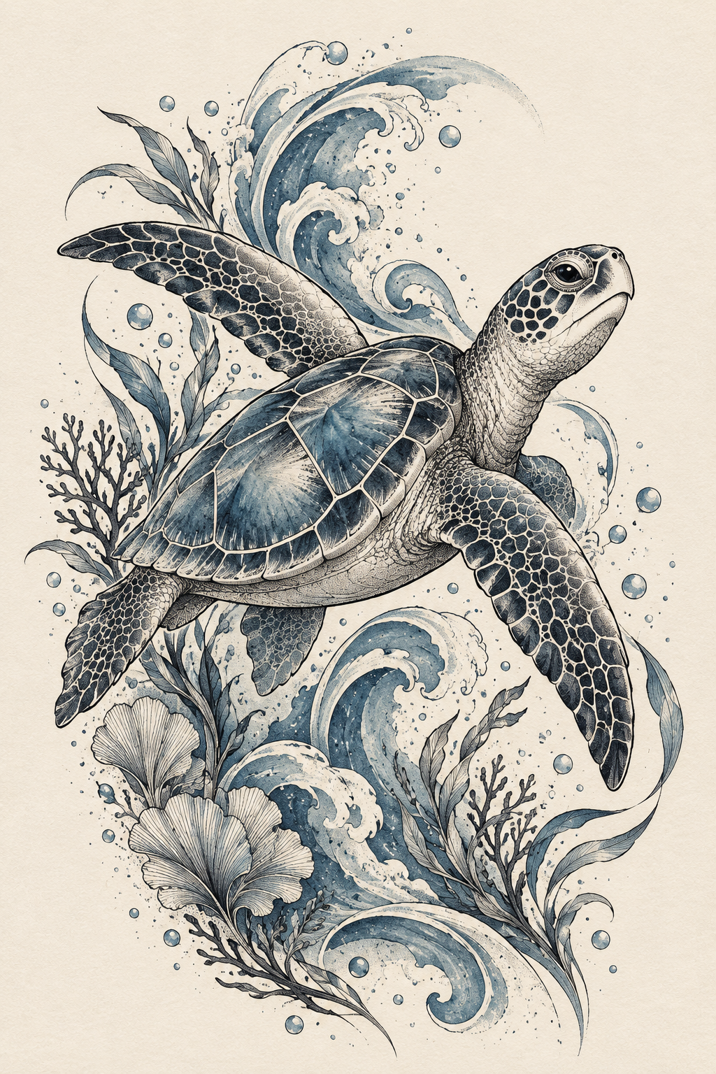 Sea turtle tattoo ideas: sea turtle with coral sea turtle design