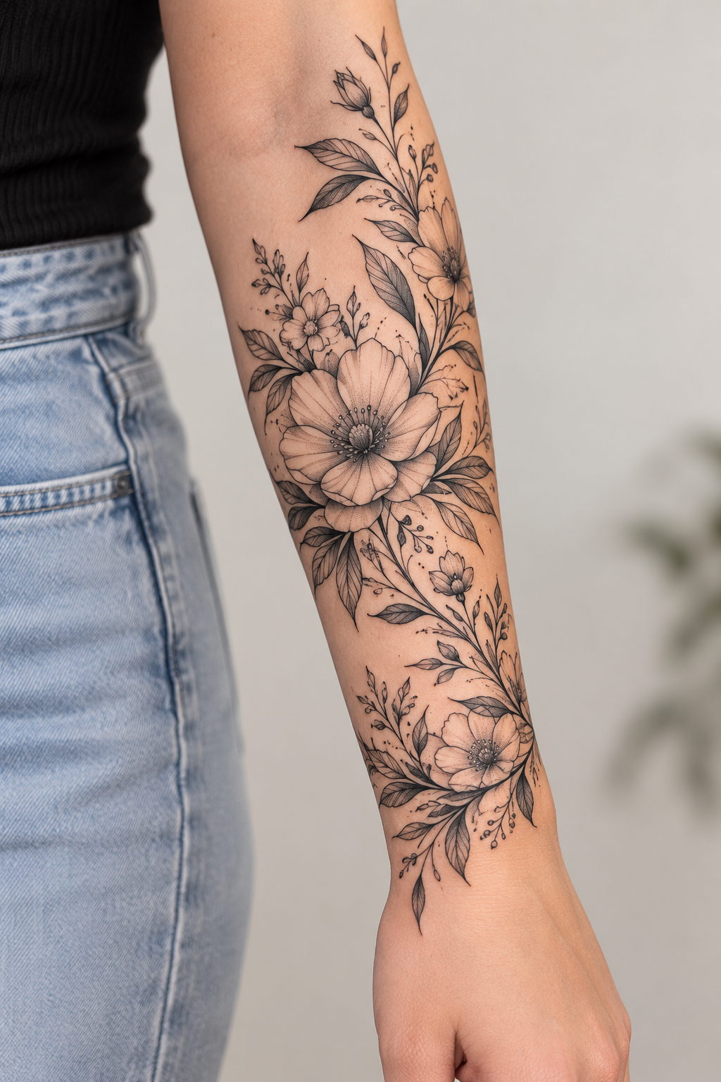 Botanical Linework floral tattoo sleeves idea