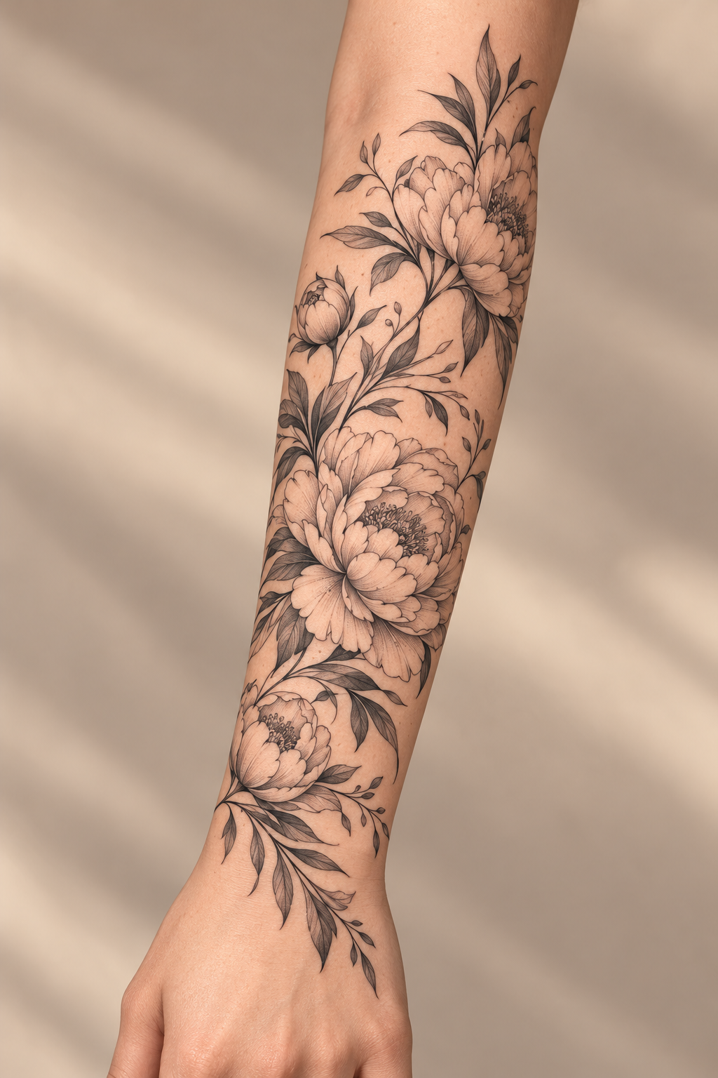 Peony Flow floral tattoo sleeves idea
