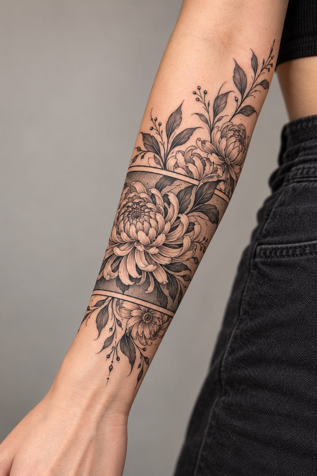 Chrysanthemum Band floral tattoo sleeves idea