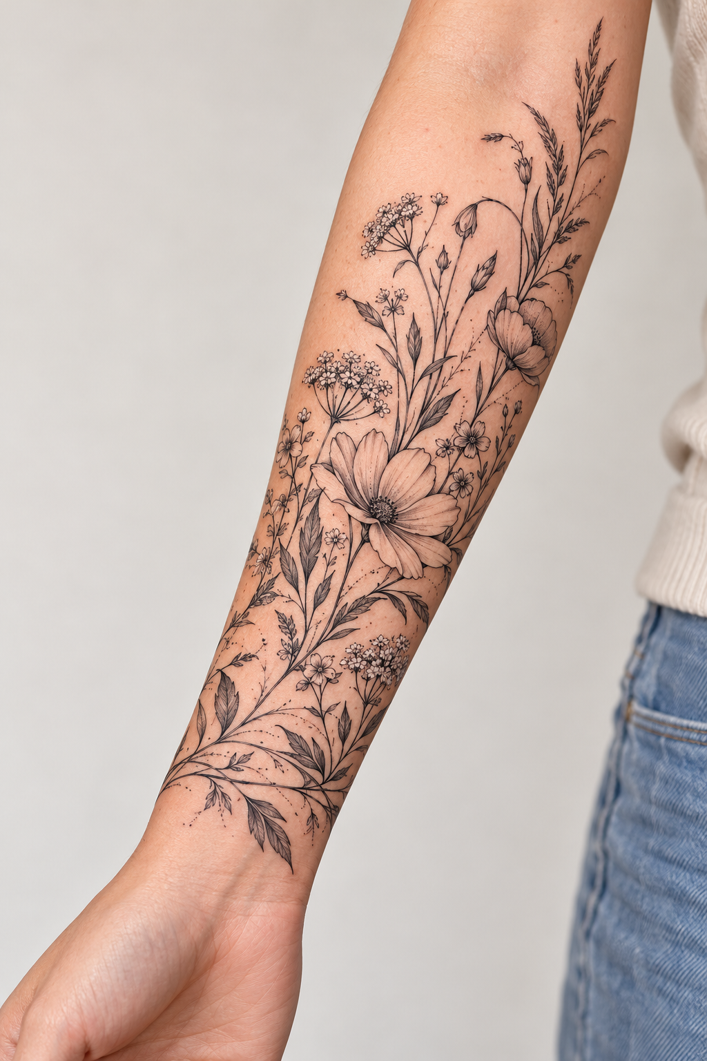 Fine-Line Meadow floral tattoo sleeves idea