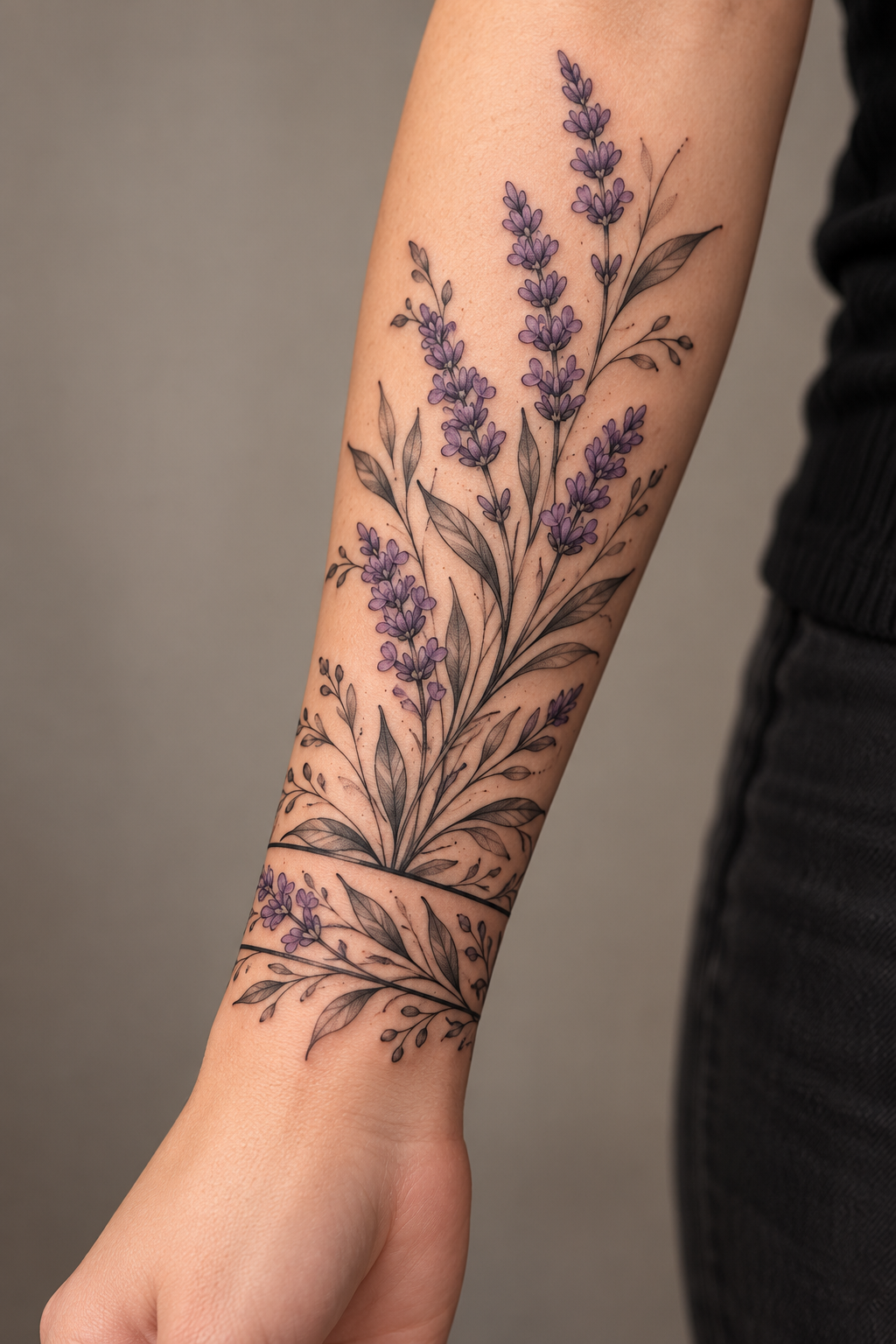 Lavender Sprig floral tattoo sleeves idea
