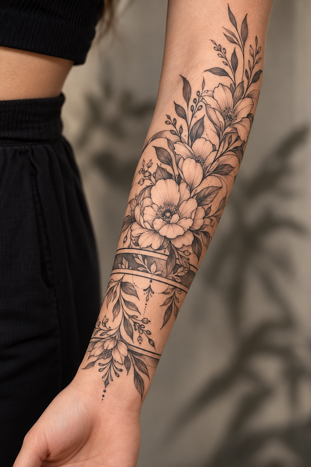 Ornamental Blooms floral tattoo sleeves idea