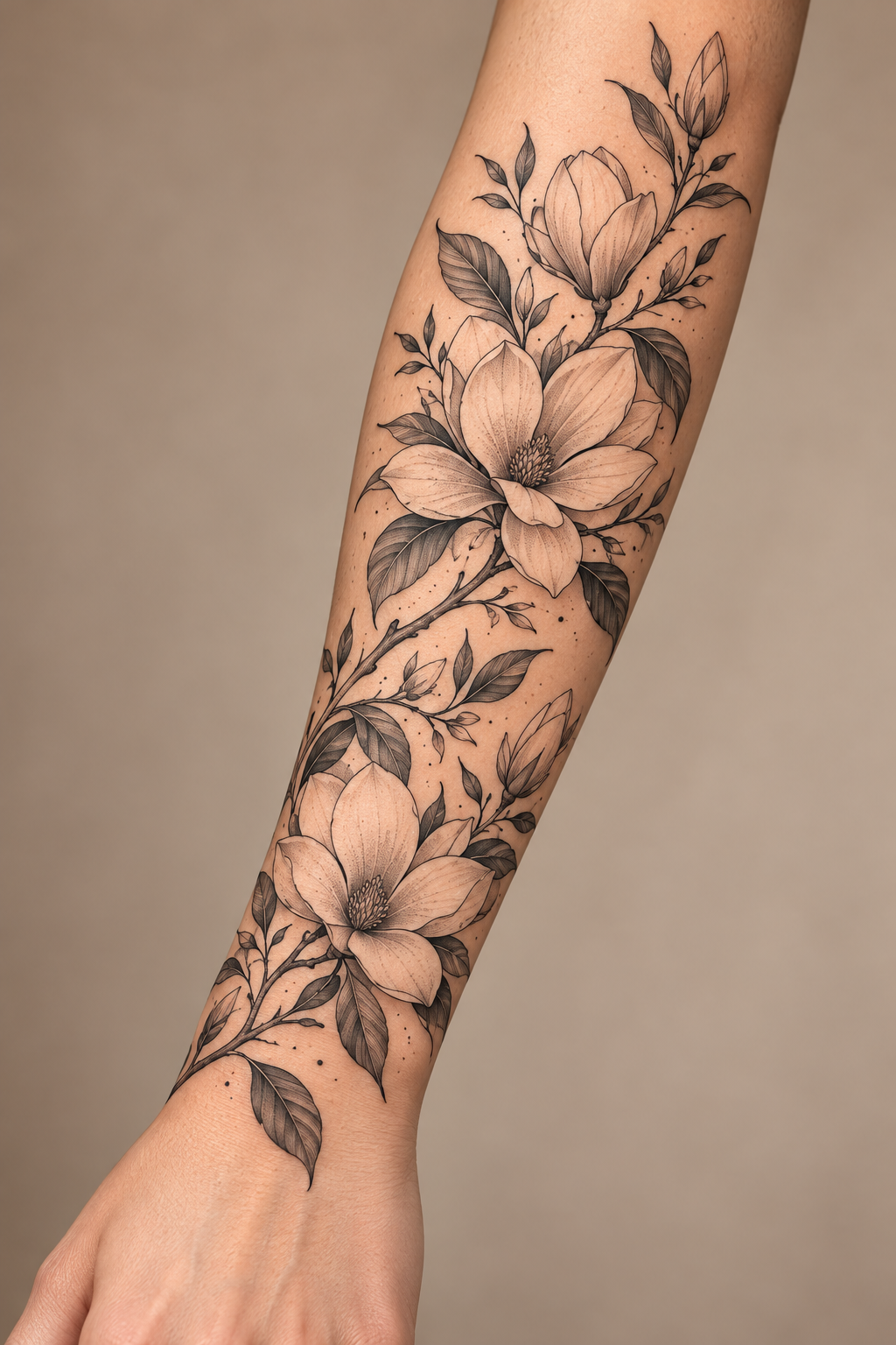 Magnolia Branch floral tattoo sleeves idea