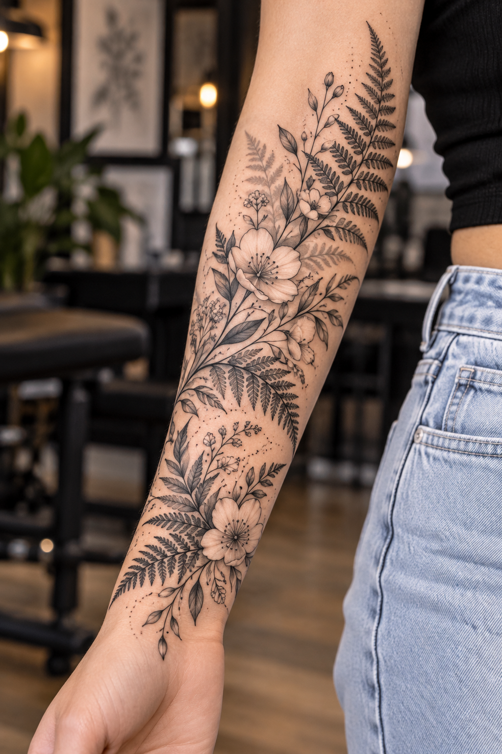 Fern and Blossom floral tattoo sleeves idea