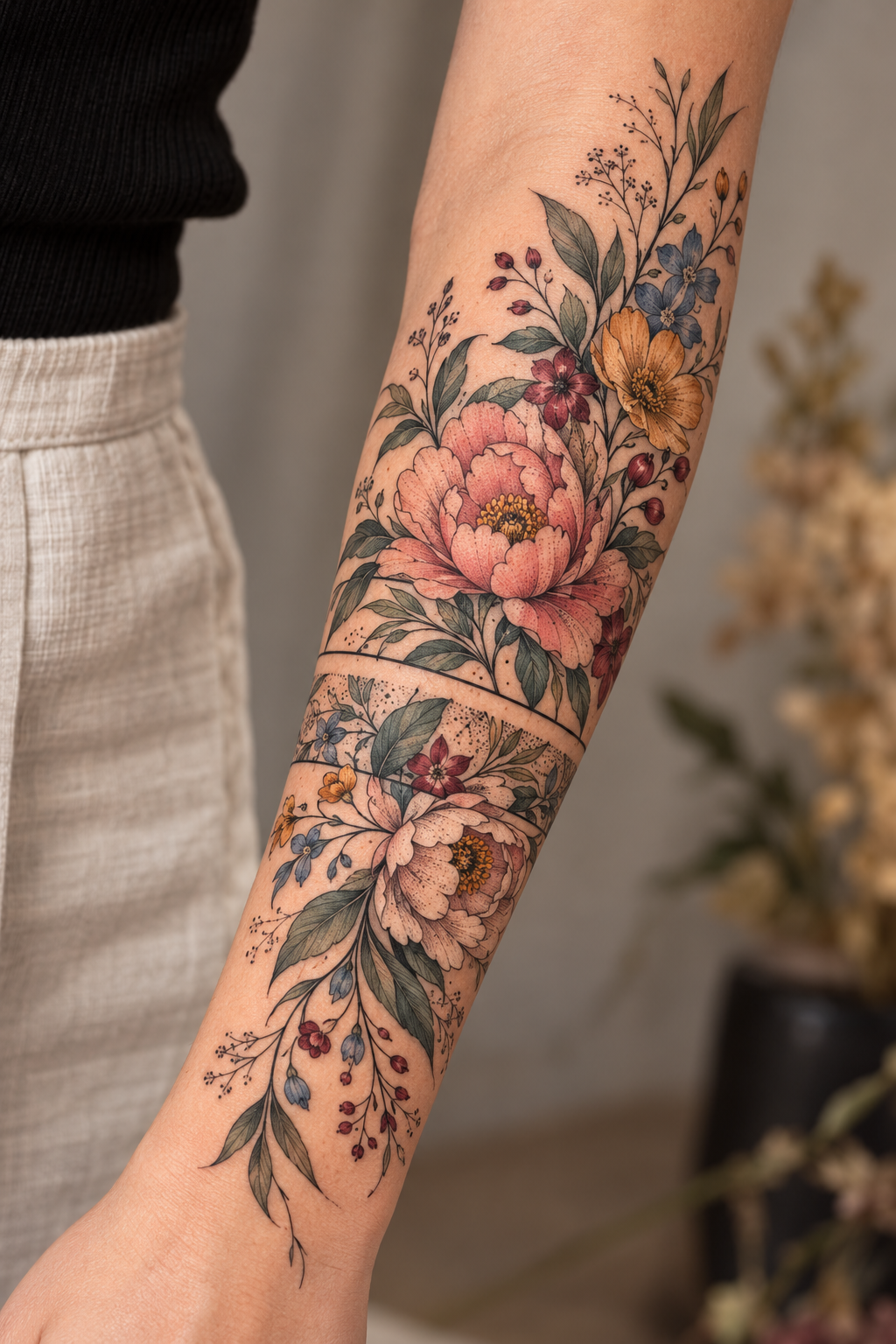 Colorful Floral Sleeve floral tattoo sleeves idea