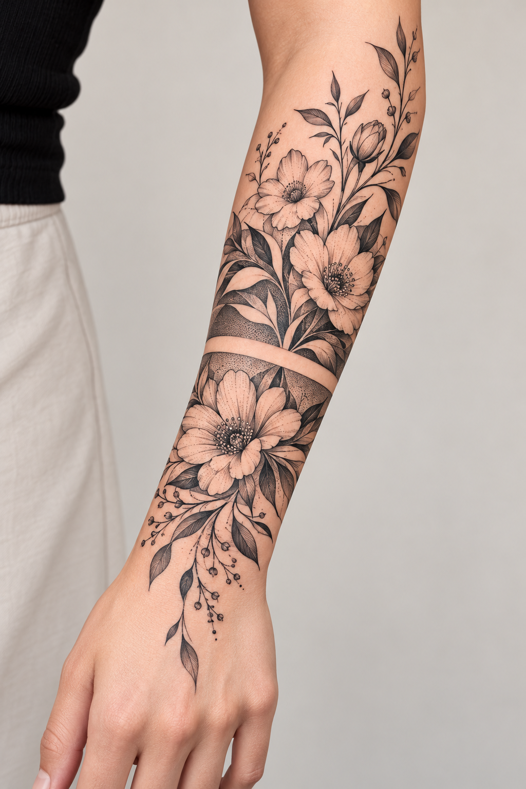 Negative-Space Botanicals floral tattoo sleeves idea